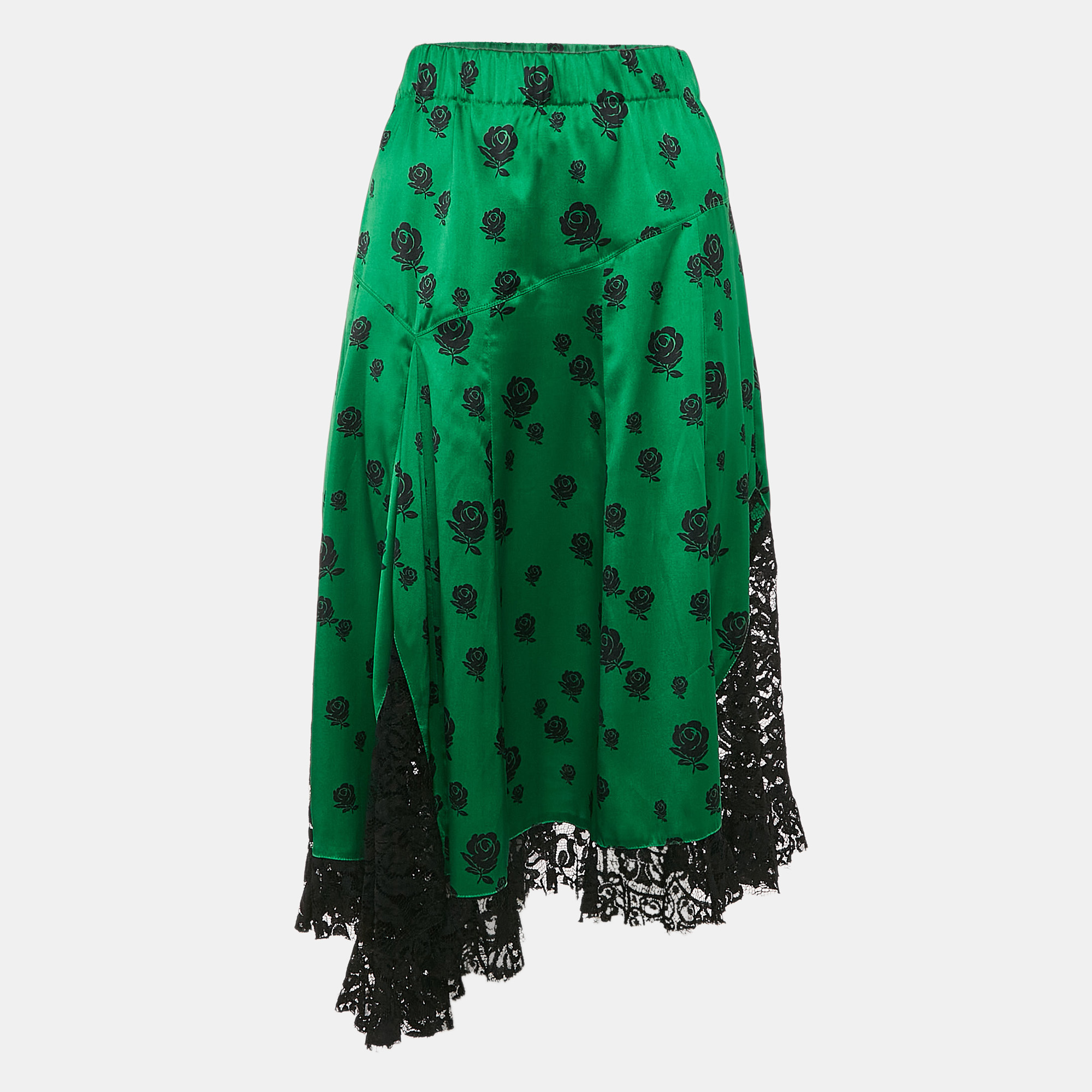 

Kenzo Green Floral Print Lace Trim and Silk Midi Skirt M