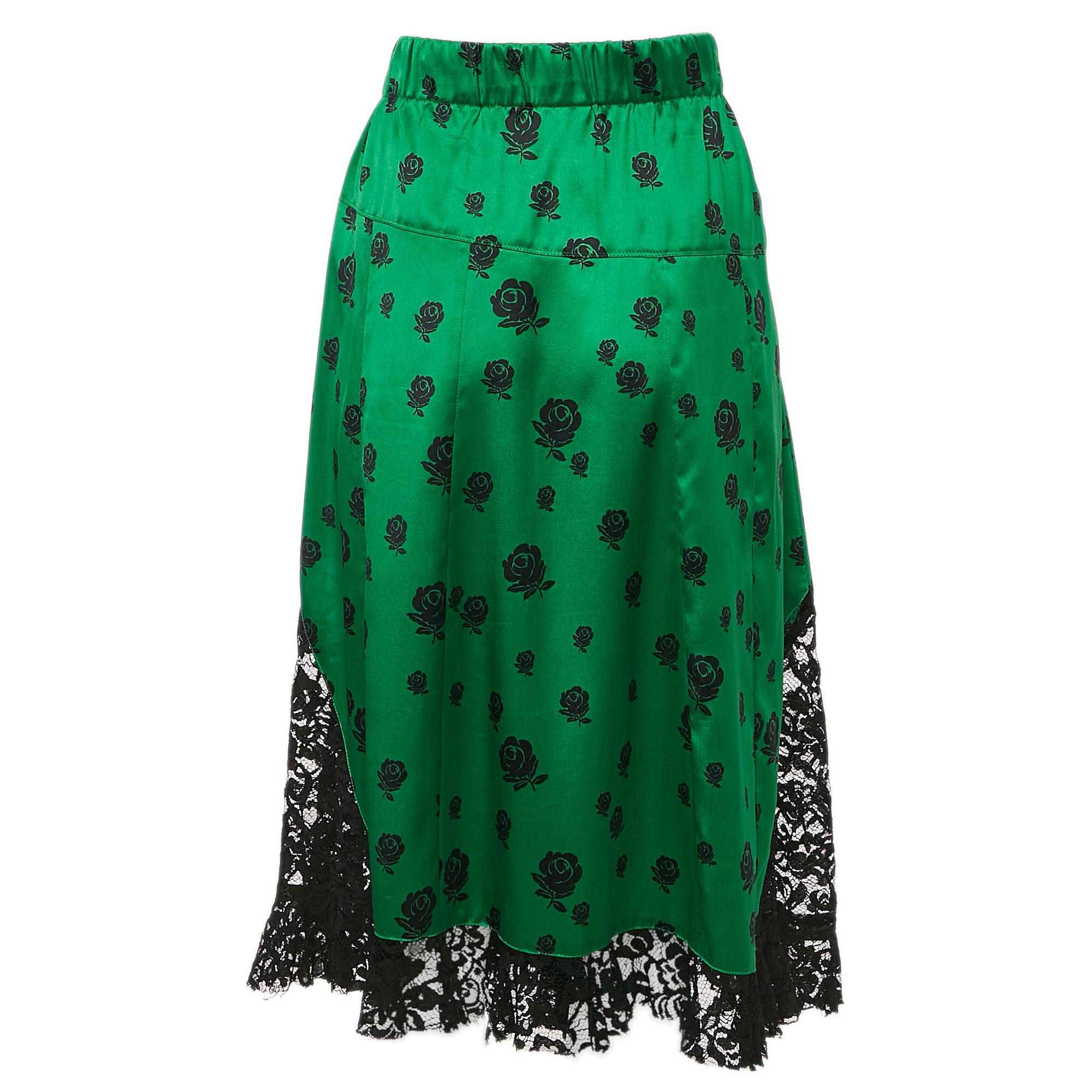 Kenzo Green Floral Print Lace Trim and Silk Midi Skirt M 