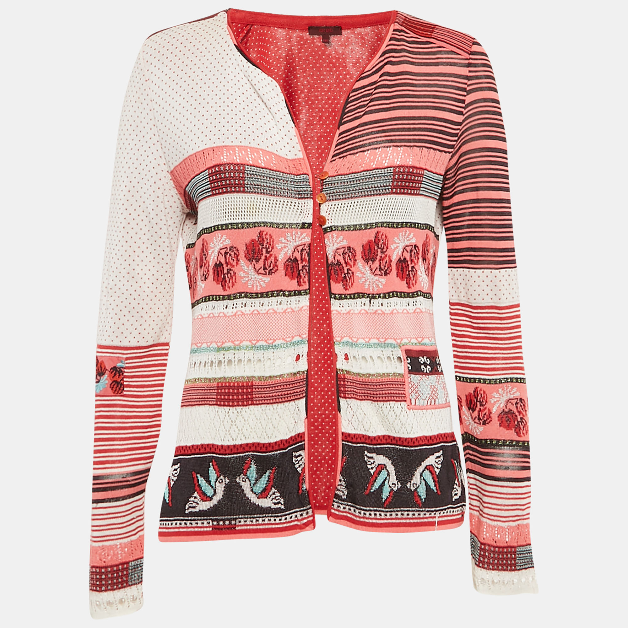 

Kenzo Red Intarsia Knit Button Front Cardigan M