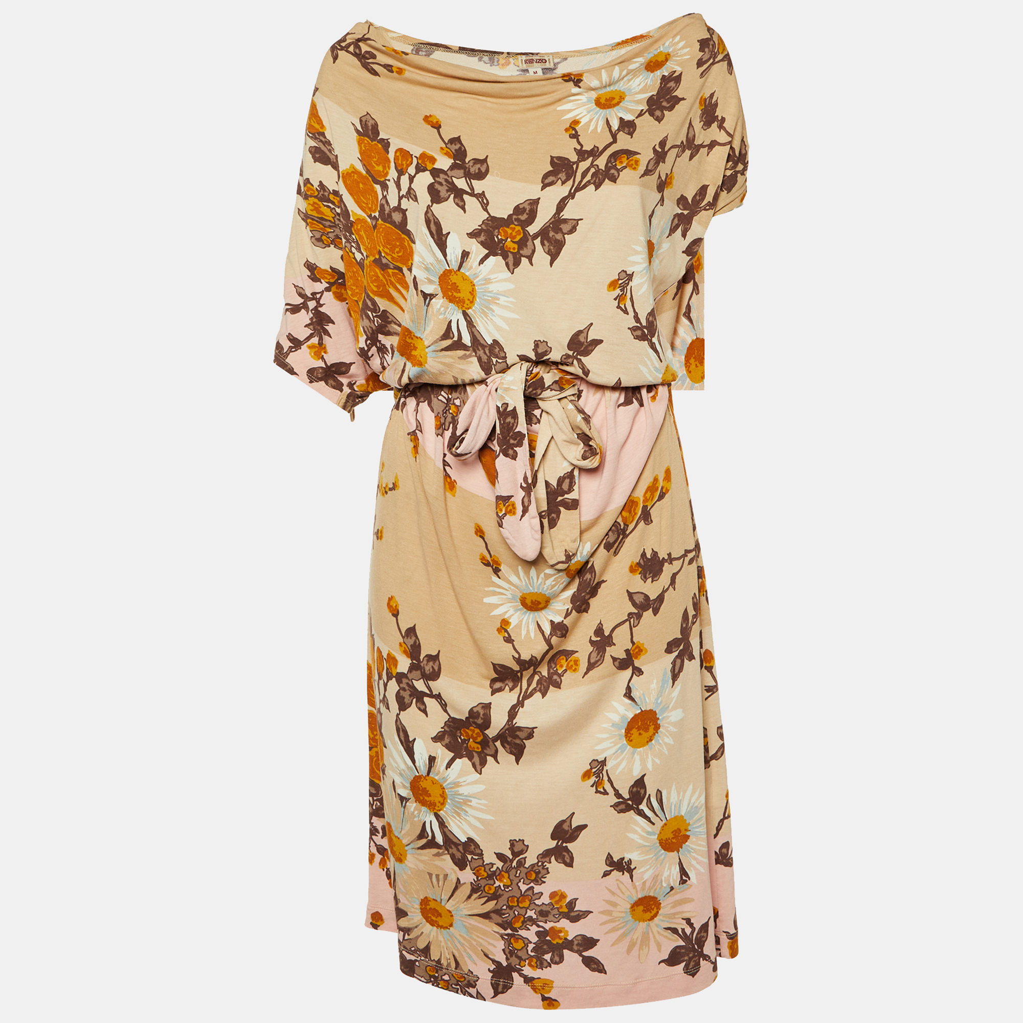 

Kenzo Beige Floral Print Jersey Belted Midi Dress M