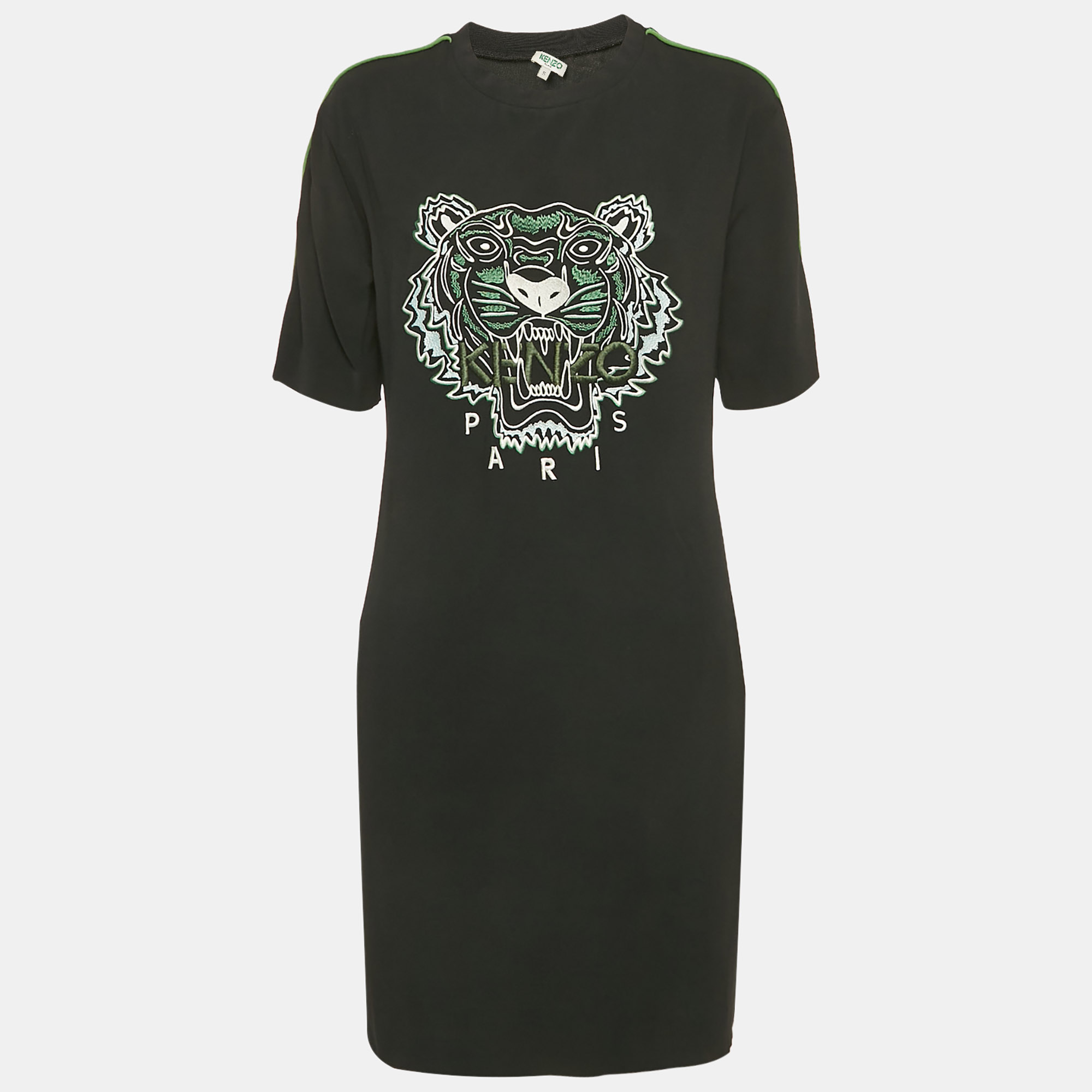 

Kenzo Black Tiger Logo Embroidered Sateen T-Shirt Dress S