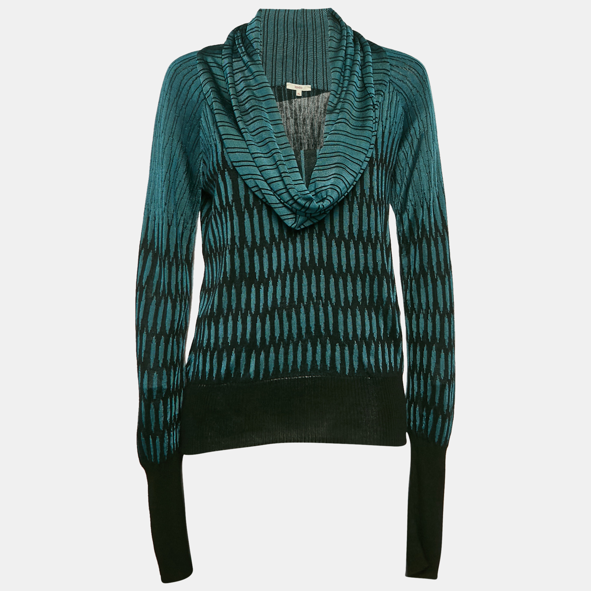 

Kenzo Black & Teal Patterned Knit Cowl Neck Sweater XL