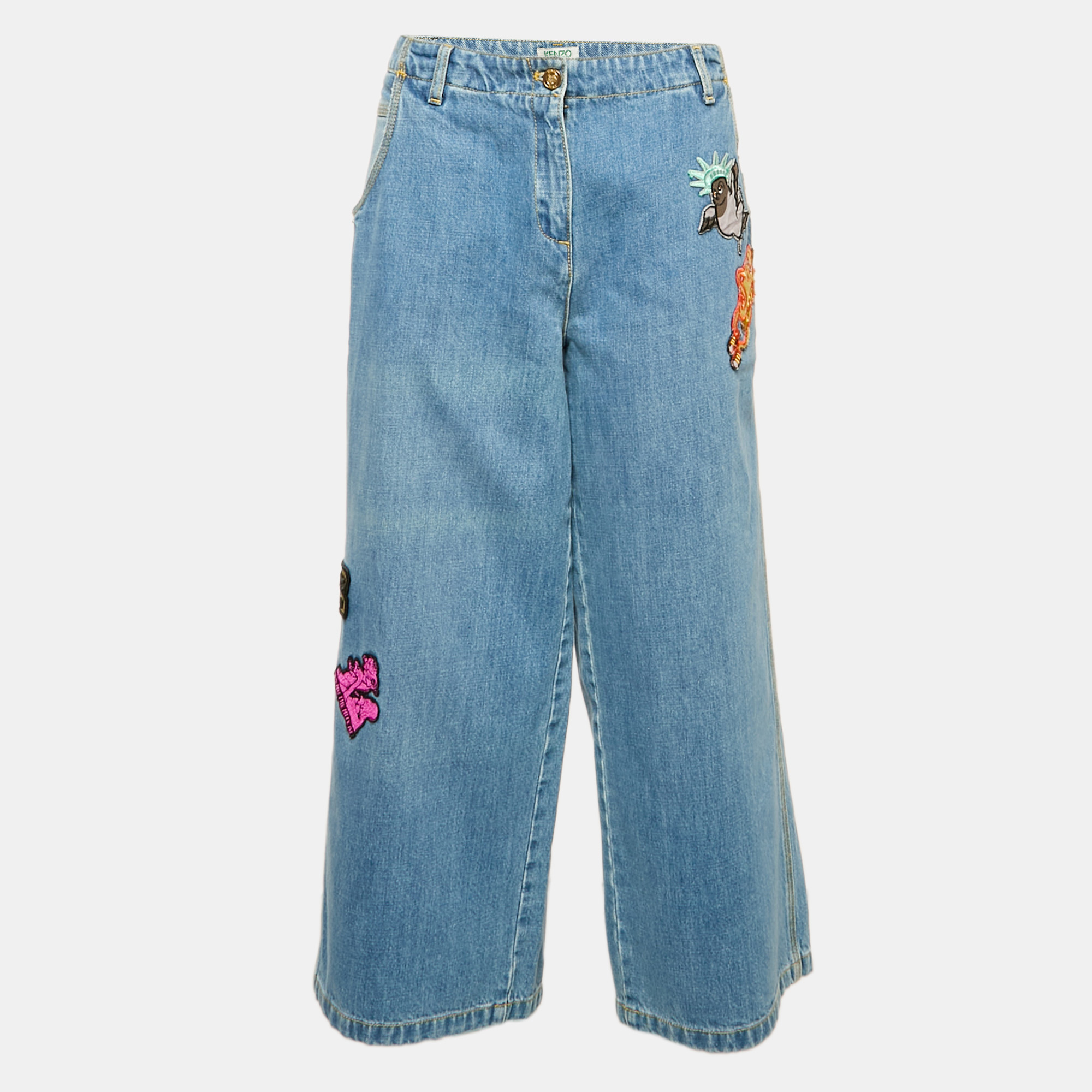 

Kenzo Blue Applique Detail Denim Wide-Leg Jean L Waist 34"