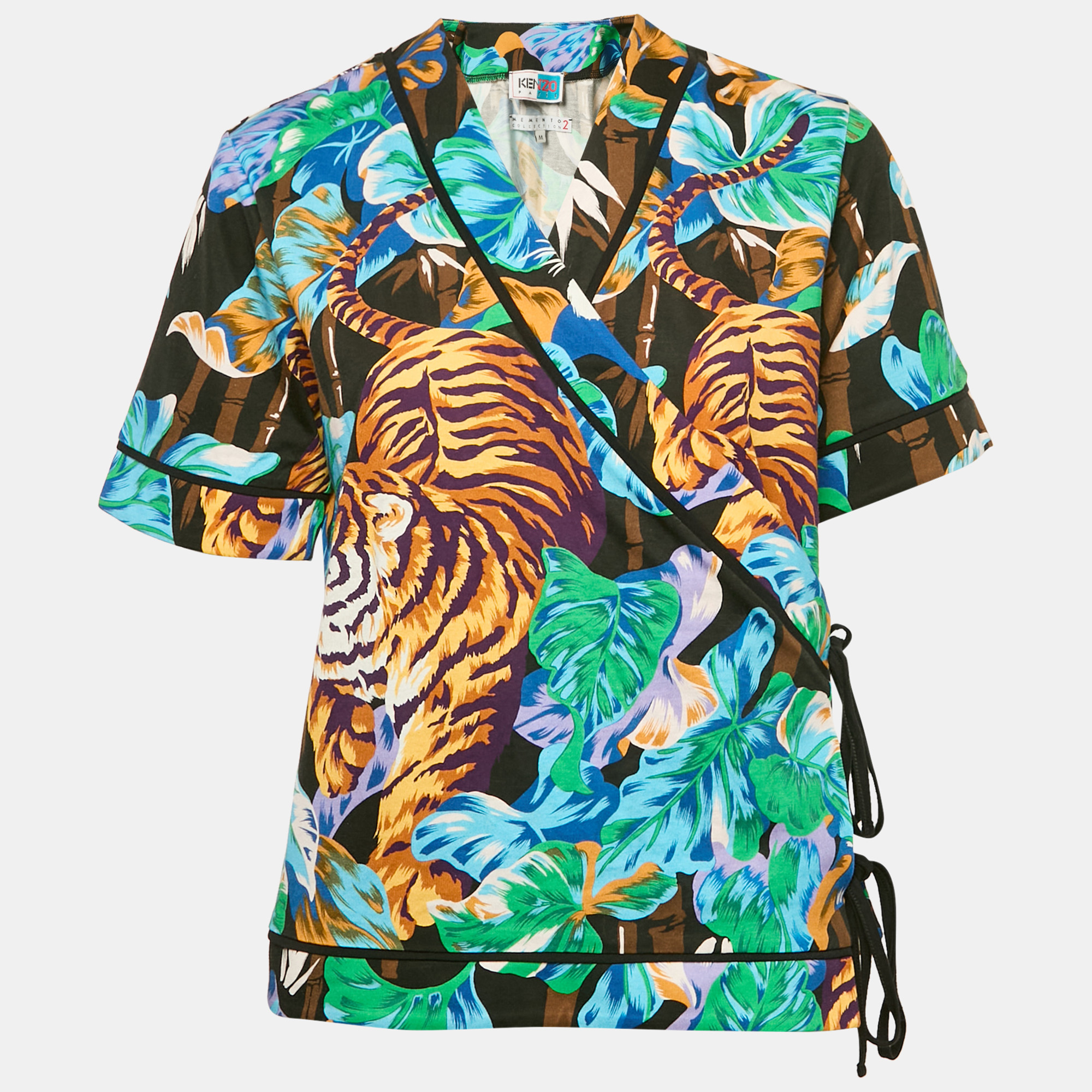 

Kenzo Multicolor Bamboo Tiger Print Cotton Wrap Top M