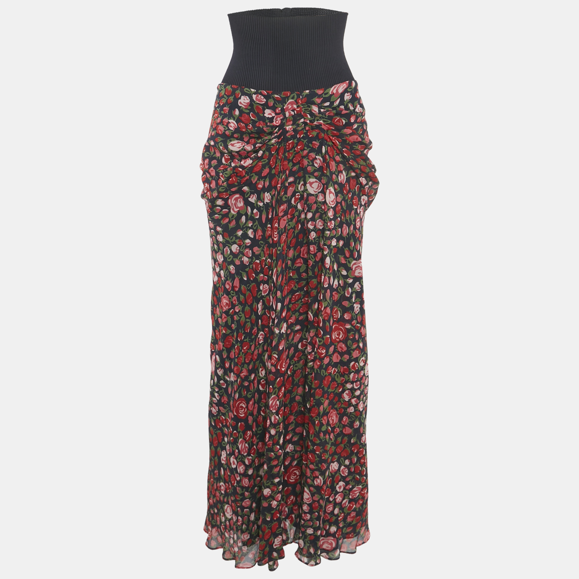 

Kenzo Navy Blue Rose Print Silk Maxi Skirt M