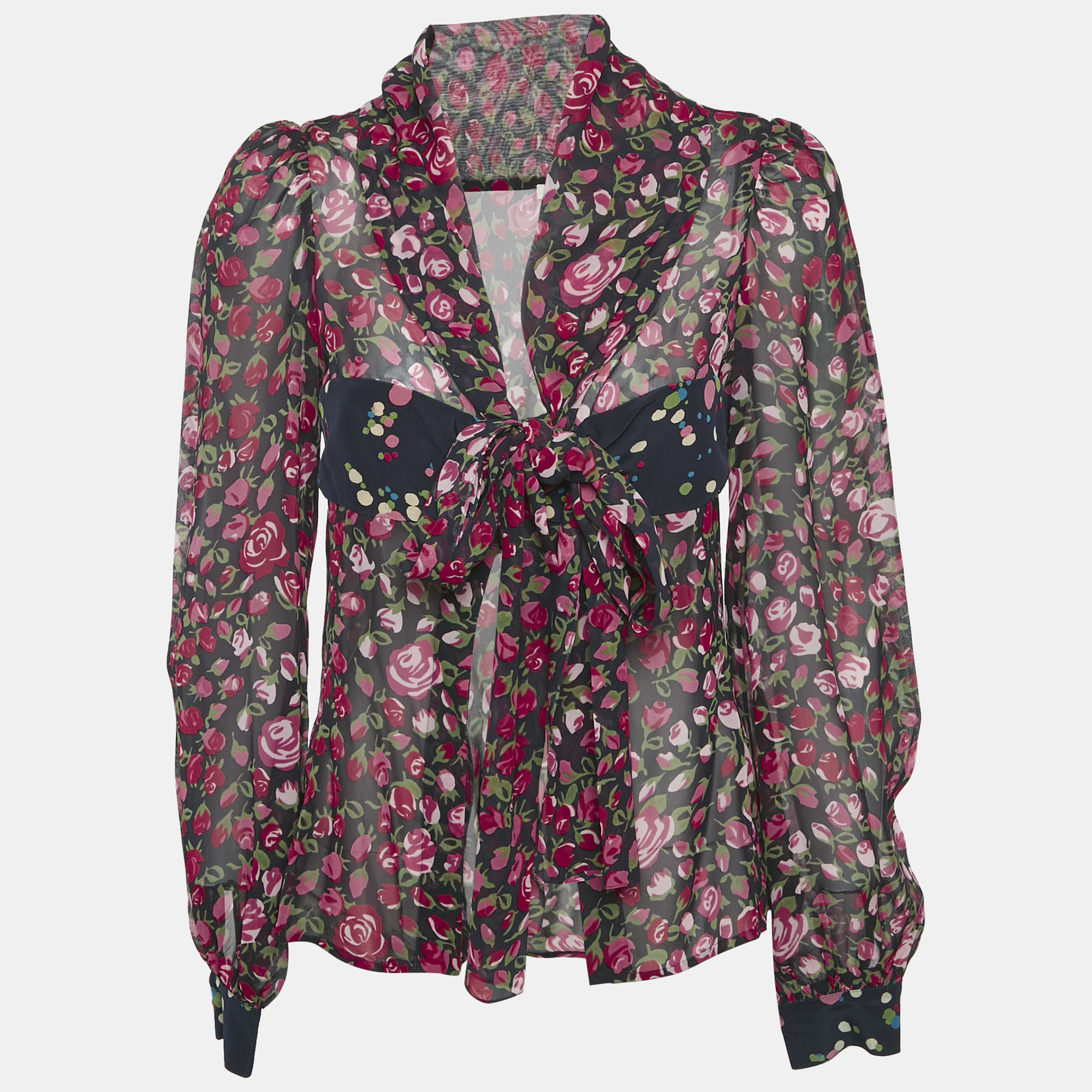 

Kenzo Navy Blue Rose Print Silk Tie-Up Detail Shirt M