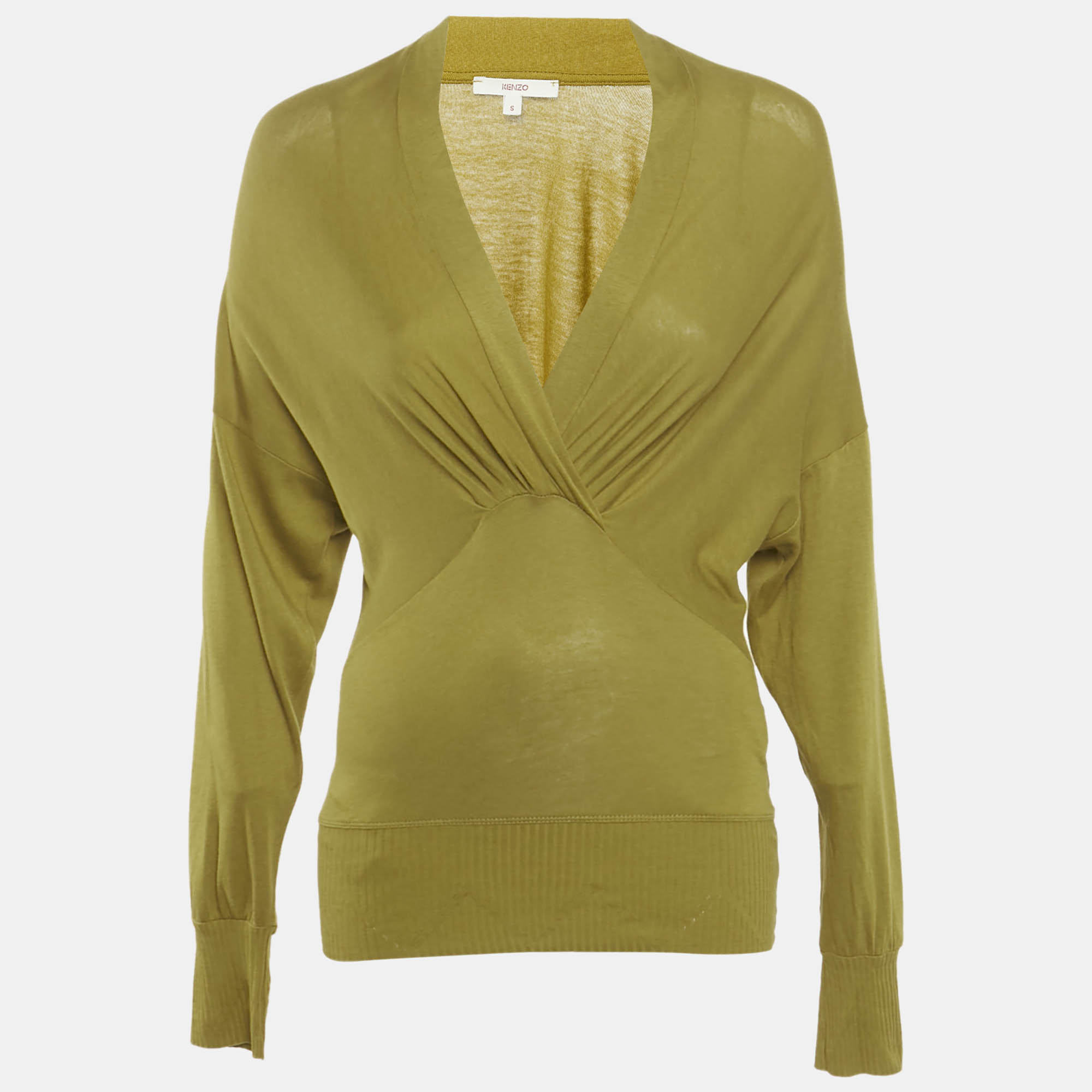 

Kenzo Olive Yellow Cotton and Modal Knit V-Neck Long Sleeve Top S