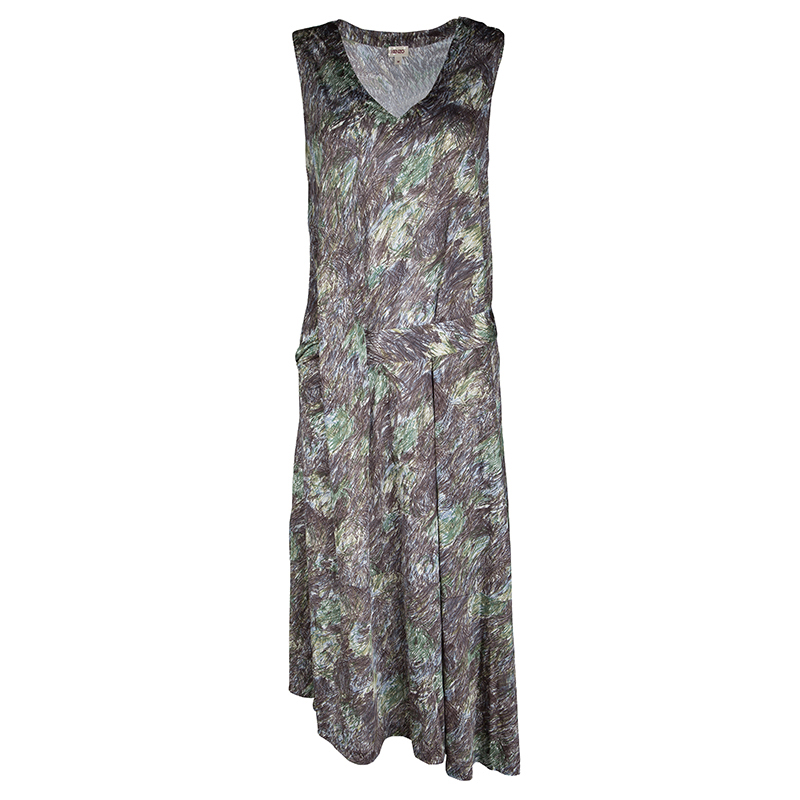 Pre Owned Kenzo Multicolor Scribble Printed Silk Jersey Waist Tie Detail Sleeveless Midi Dress M