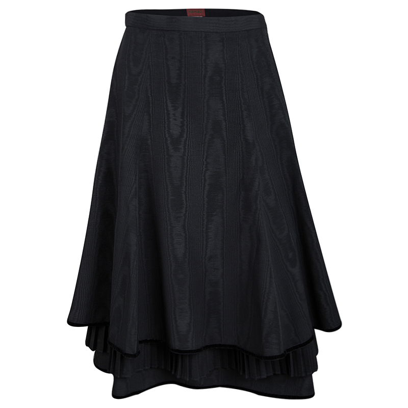 Pre Owned Kenzo Black Pleated Underlay Velvet Trim High Waist A-Line Skirt M