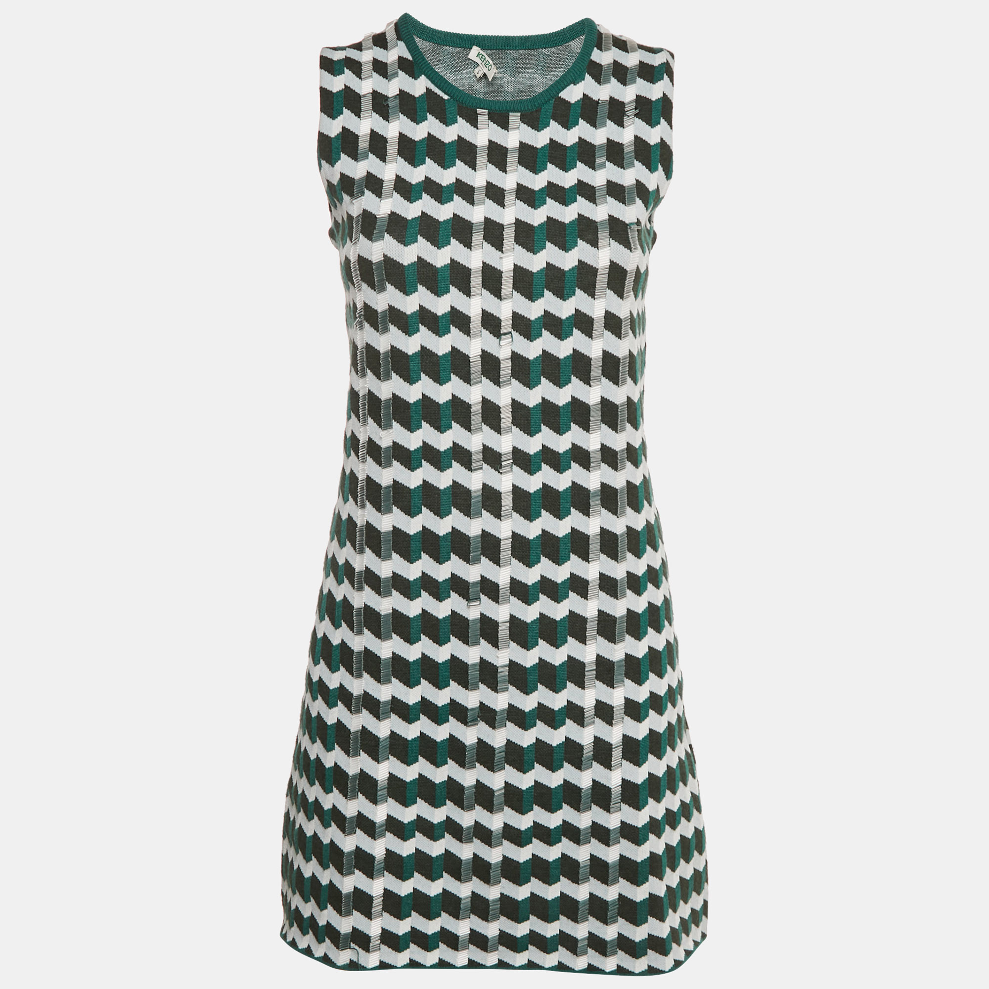 

Kenzo Green Patterned Knit Beads Embellished Mini Dress S