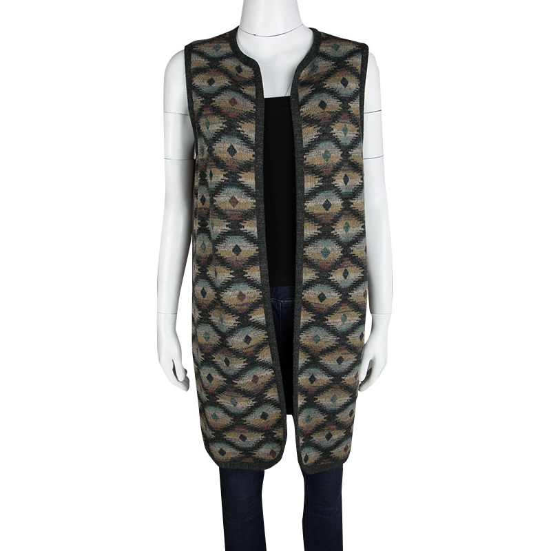 

Kenzo Multicolor Diamond Pattern Knit Front Open Sleeveless Long Cardigan