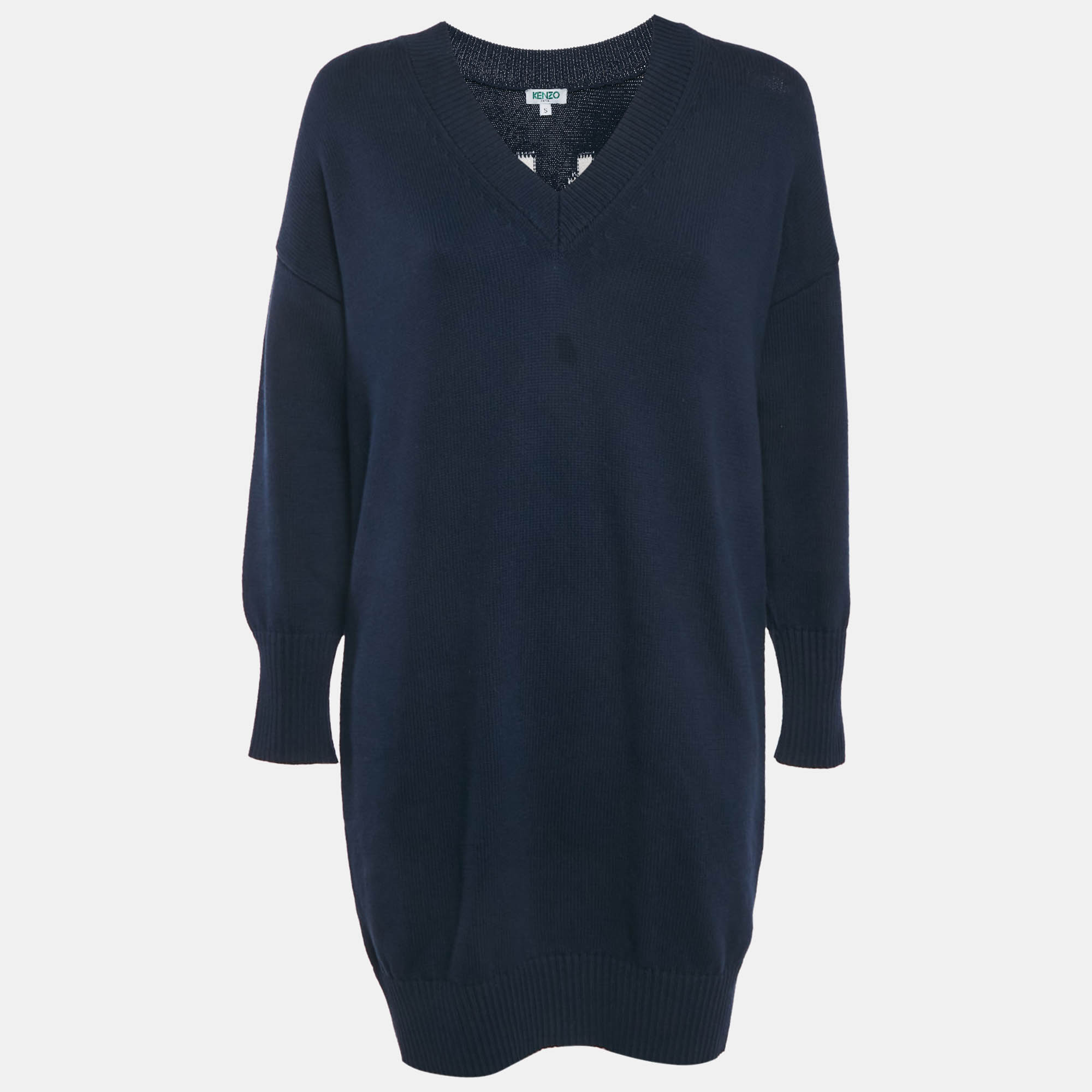 

Kenzo Navy Blue Logo Intarsia Rib Knit Mini Sweater Dress S