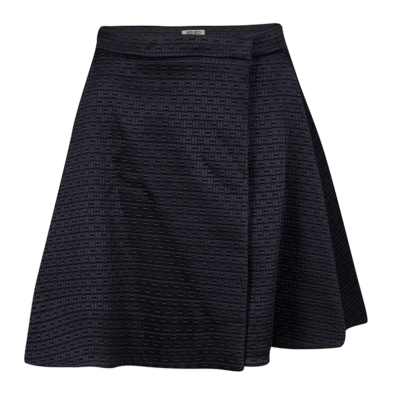 Kenzo Navy Blue Textured  Flared Wrap Mini Skirt S