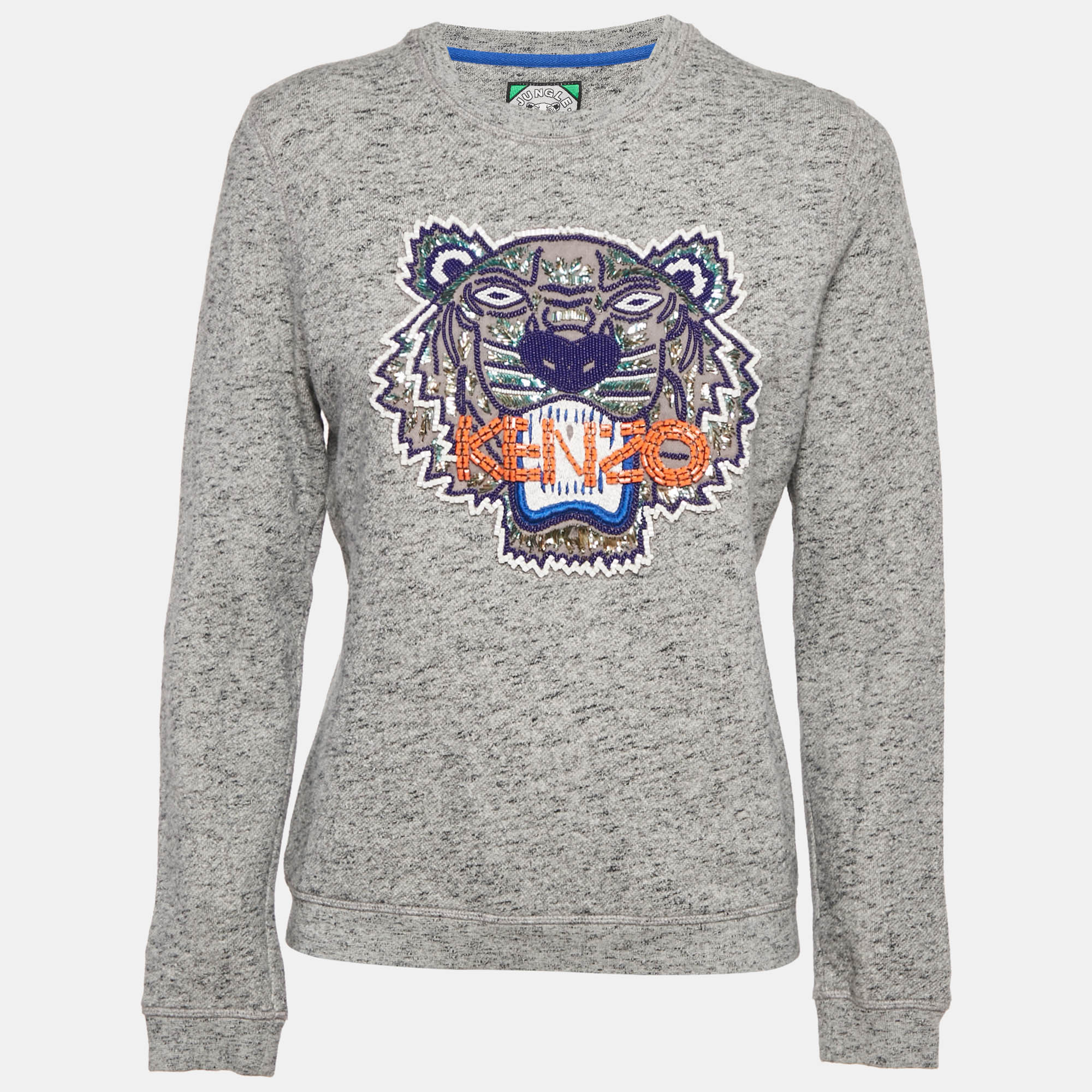 Pre-owned Kenzo Grey Tiger Embellished Cotton Crew Neck Sweatshirt M In Gray
