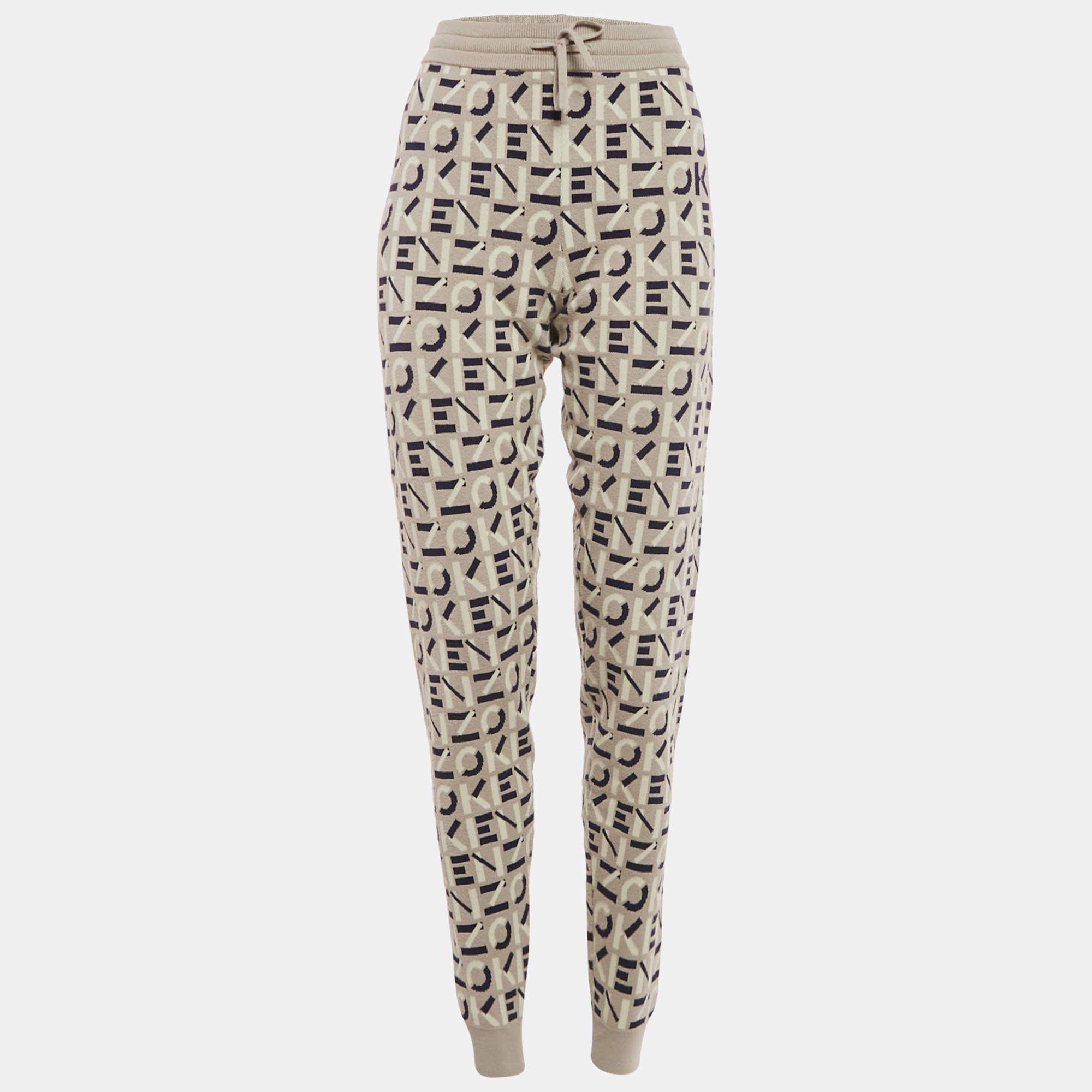 Pre-owned Kenzo Grey Logo Jacquard Knit Jogger Pants M In Gray
