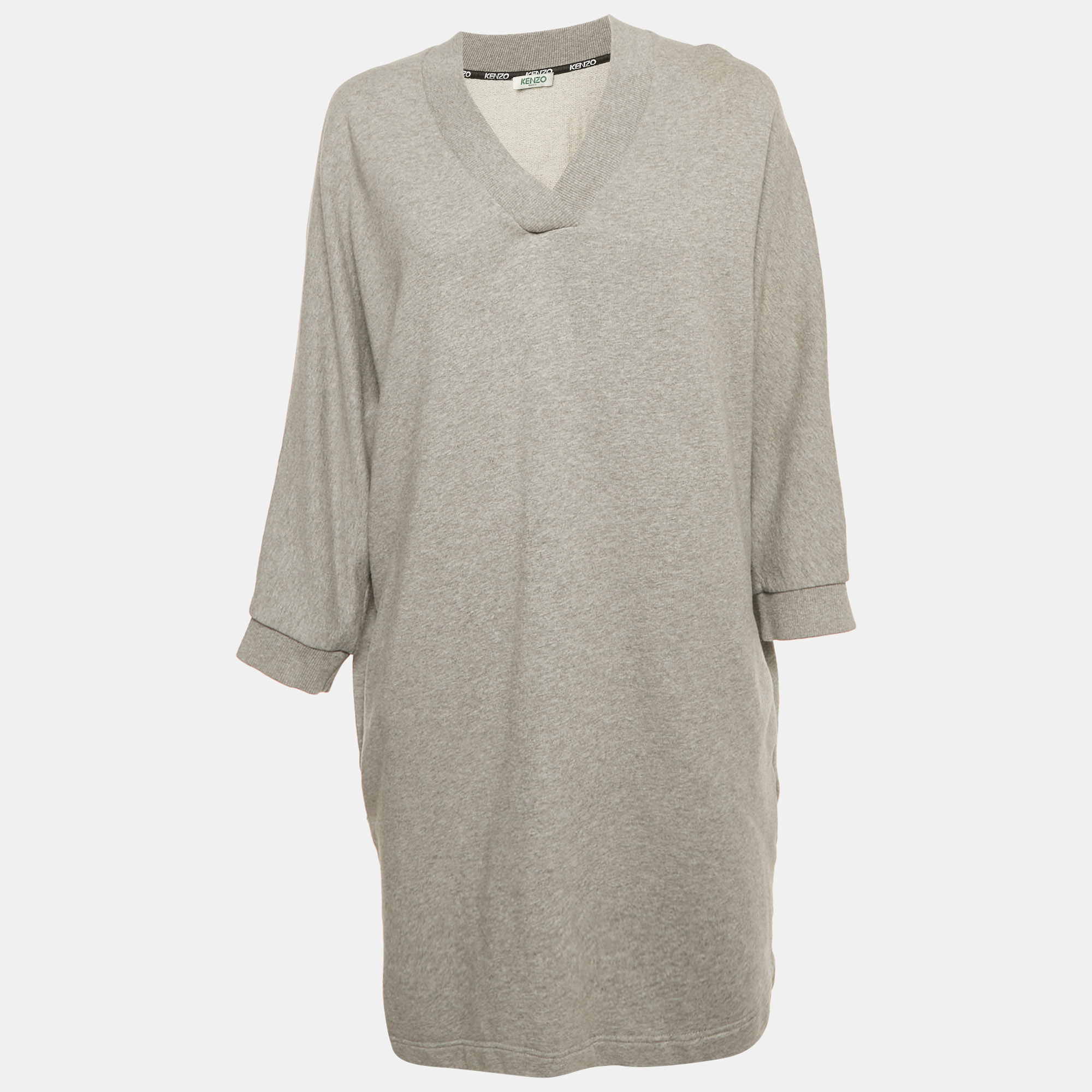 Pre-owned Kenzo Grey Cotton Knit V-neck Sweatshirt Dress L In Gray