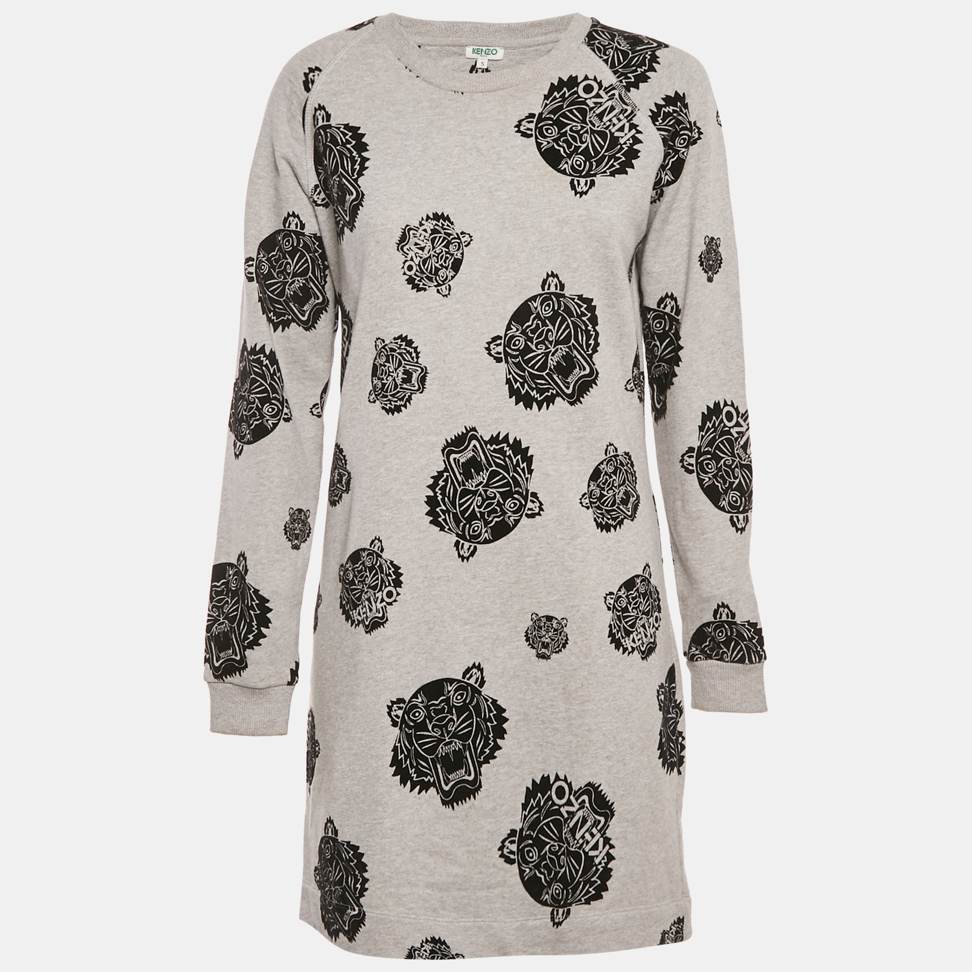 

Kenzo Grey Flocked Triger Print Knit Mini Sweater Dress S