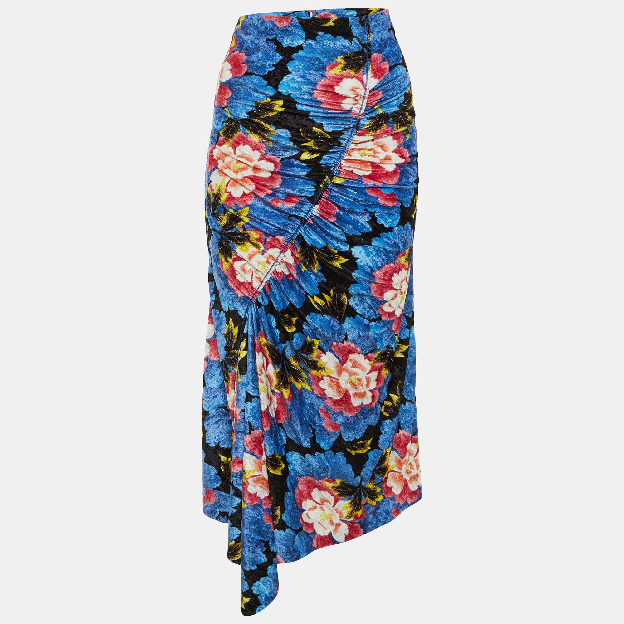 Pre-owned Kenzo Blue Floral Printed Velvet Ruched Midi Skirt M