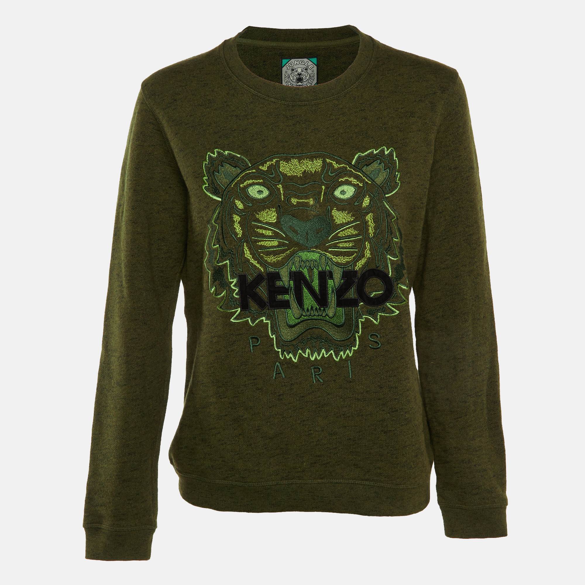 

Kenzo Green Melange Cotton Tiger Embroidered Sweatshirt L