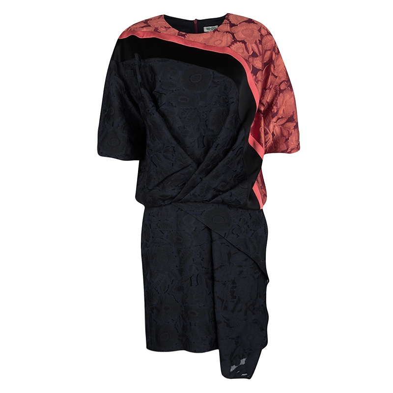 Pre Owned Kenzo Colorblock Draped Brocade Shadow Flowers Dress S