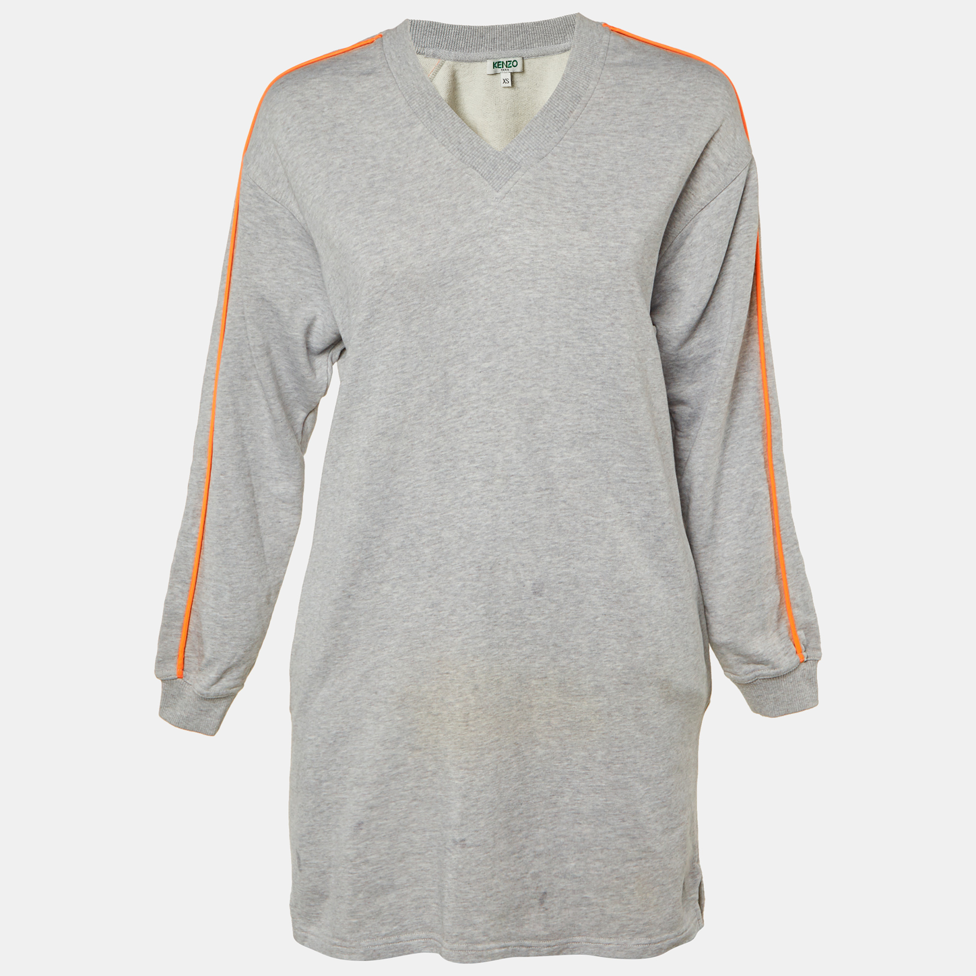 Pre-owned Kenzo Grey Cotton Jersey V-neck Sweatshirt Dress Xs In Gray