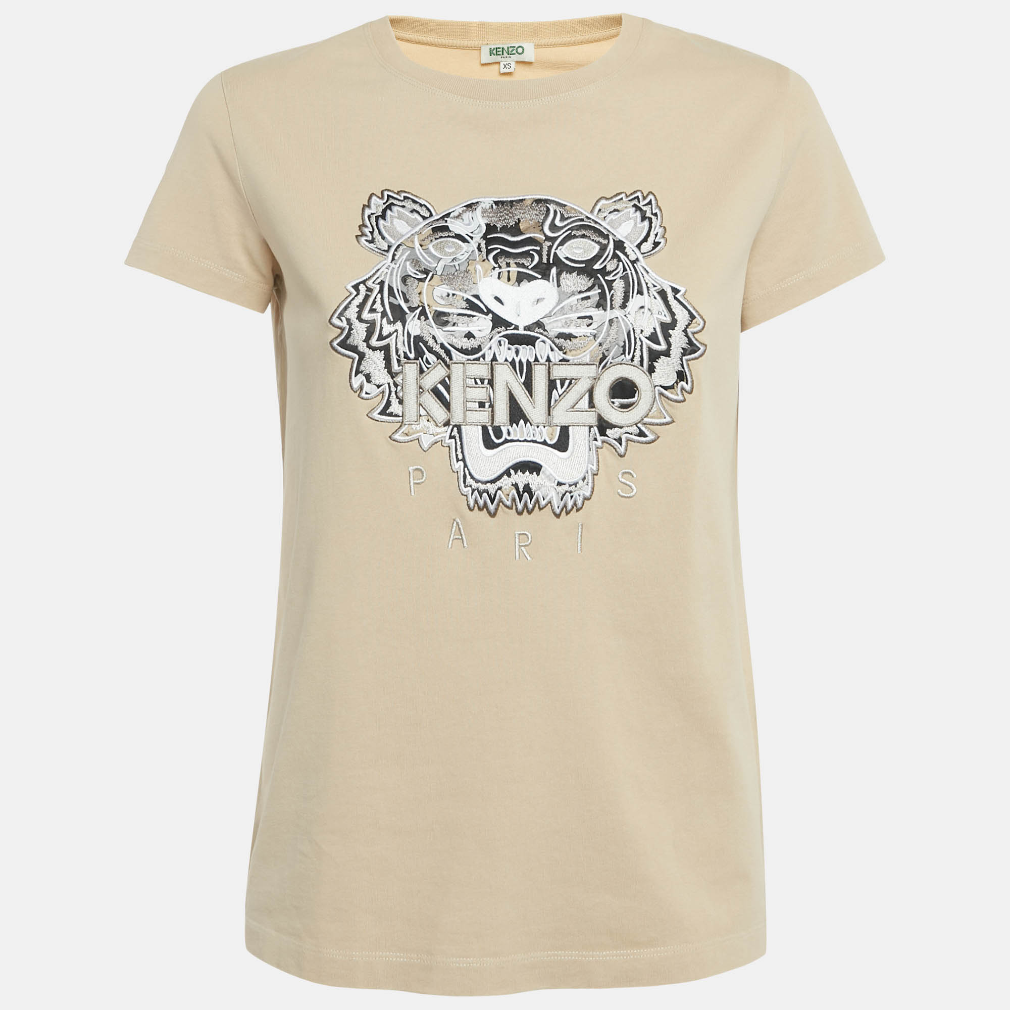 Pre-owned Kenzo Beige Tiger Embroidered Cotton T-shirt Xs In Sand