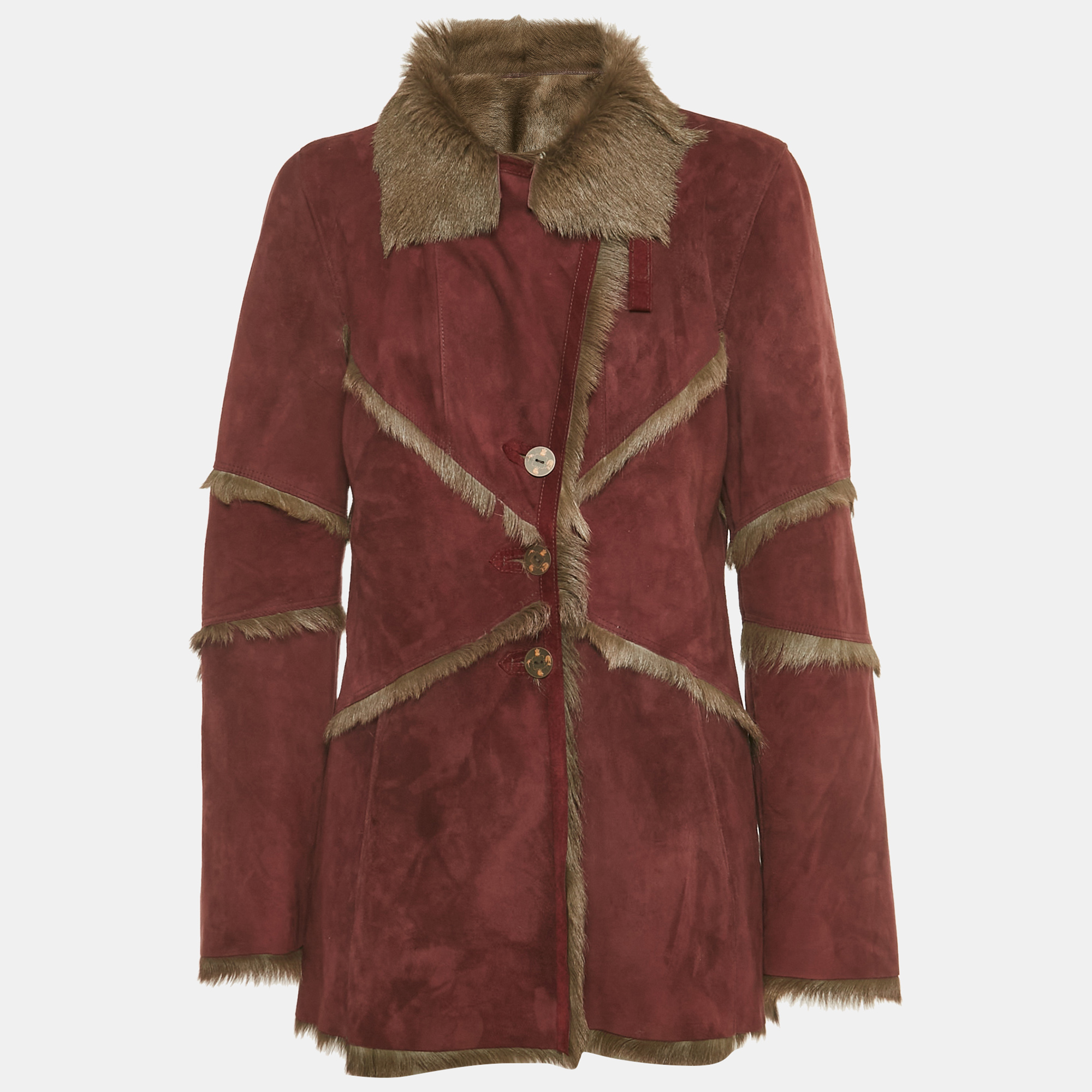 

Kenzo Jungle Burgundy Suede and Fur Button Front Coat M