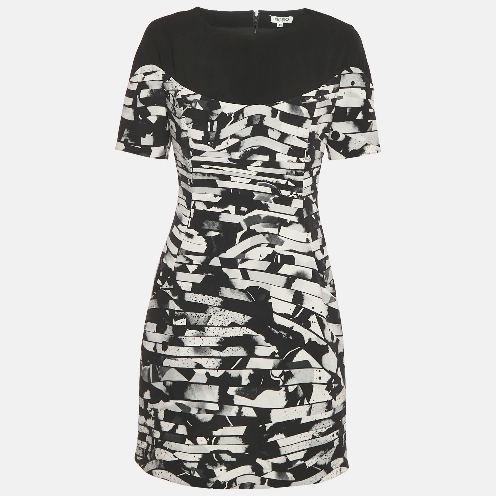 Pre-owned Kenzo Black /white Printed Crepe Mini Dress M