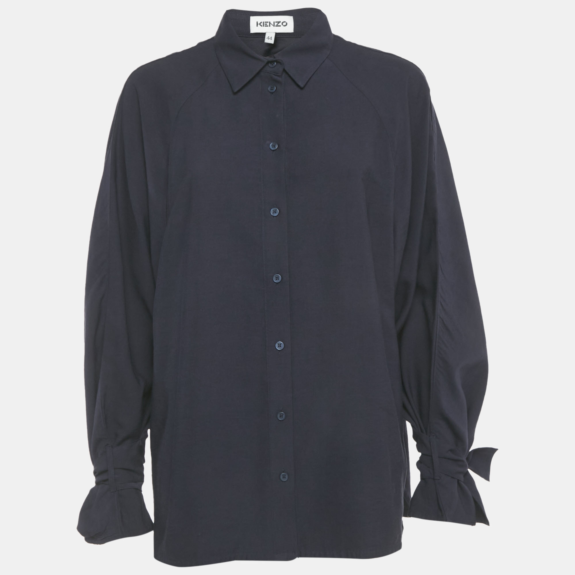 Pre-owned Kenzo Navy Blue Crepe Ruffled Sleeve Loose Fit Shirt Xl