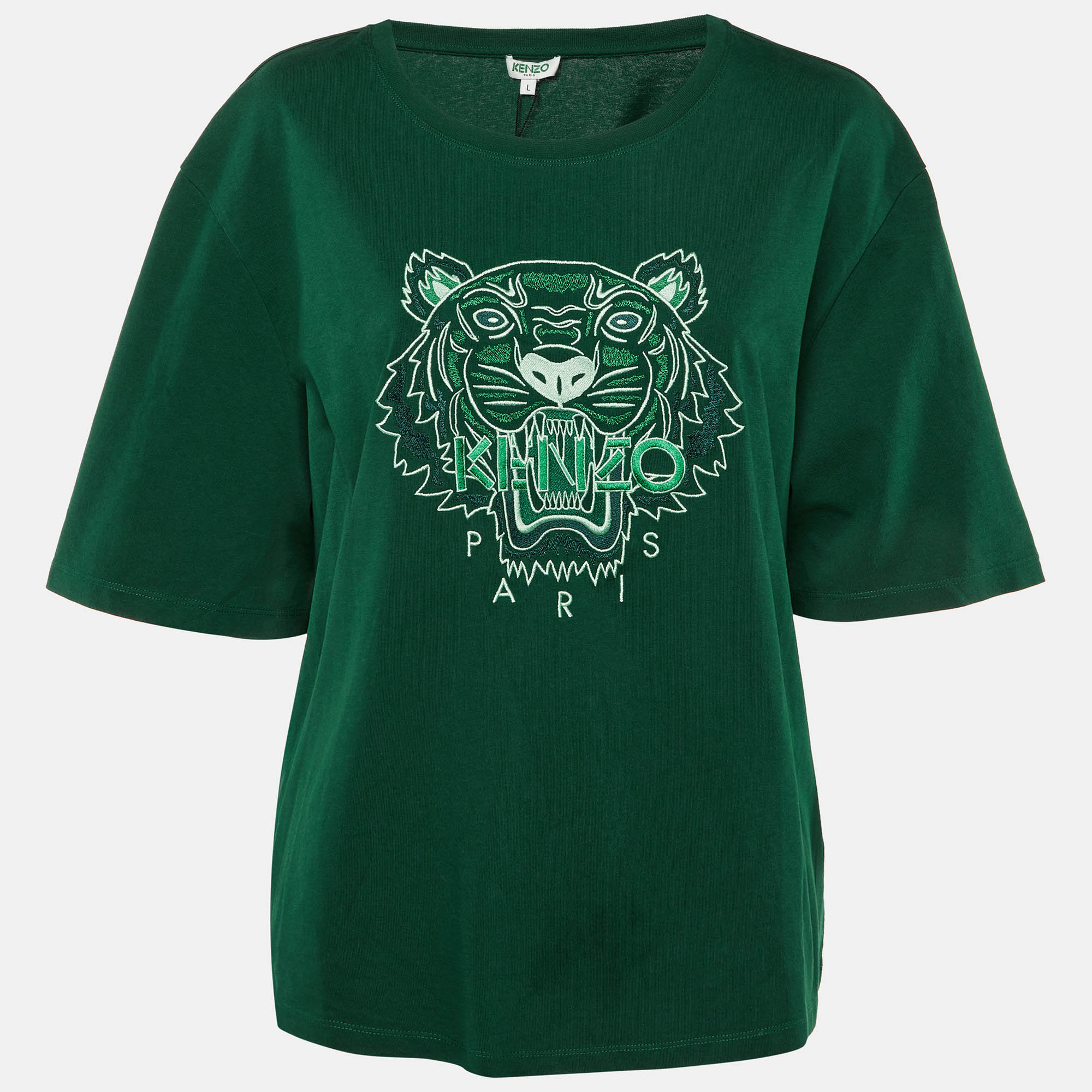

Kenzo Green Tonal Tiger Embroidered Cotton T-Shirt L