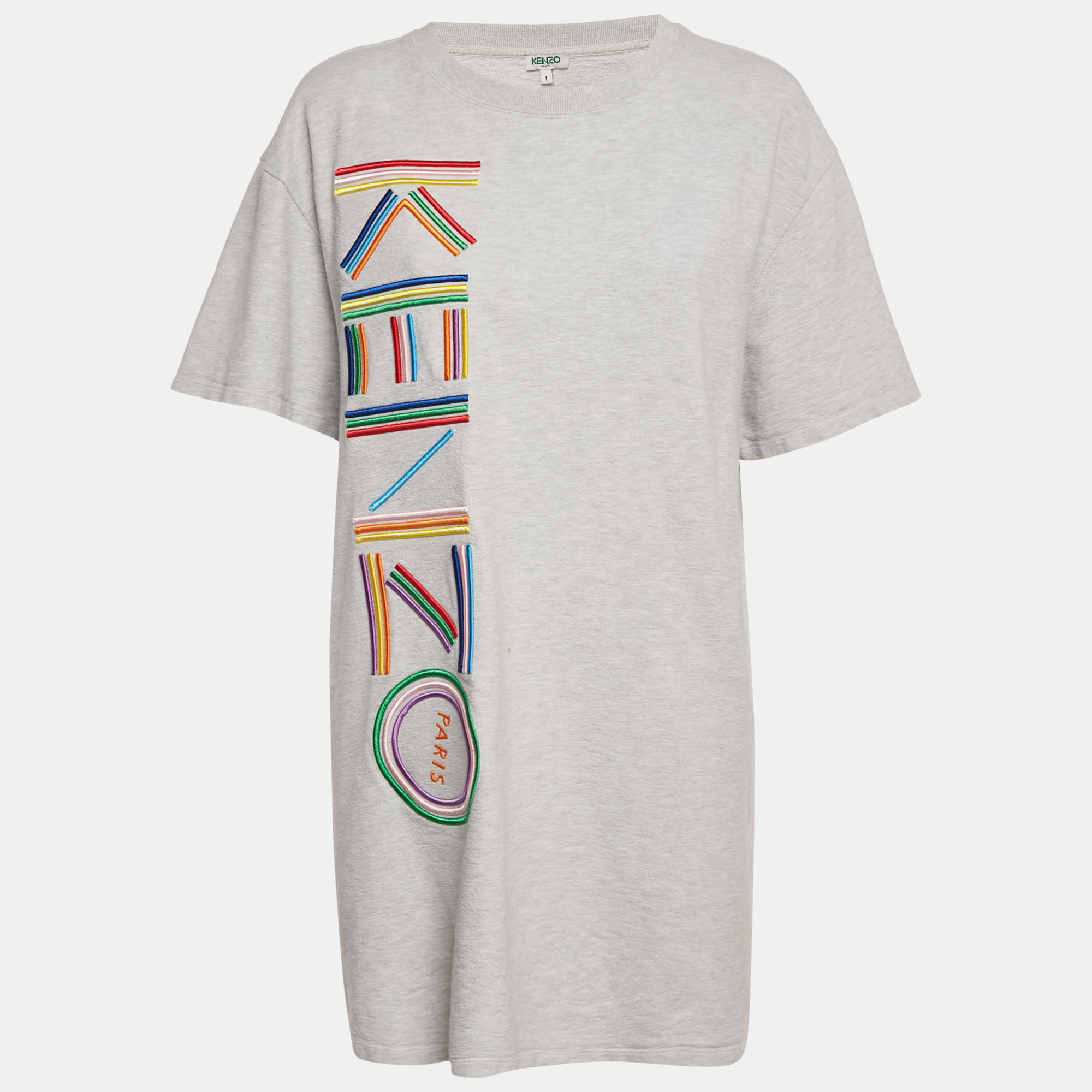 

Kenzo Grey Logo Embroidered Cotton Knit Mini Dress L