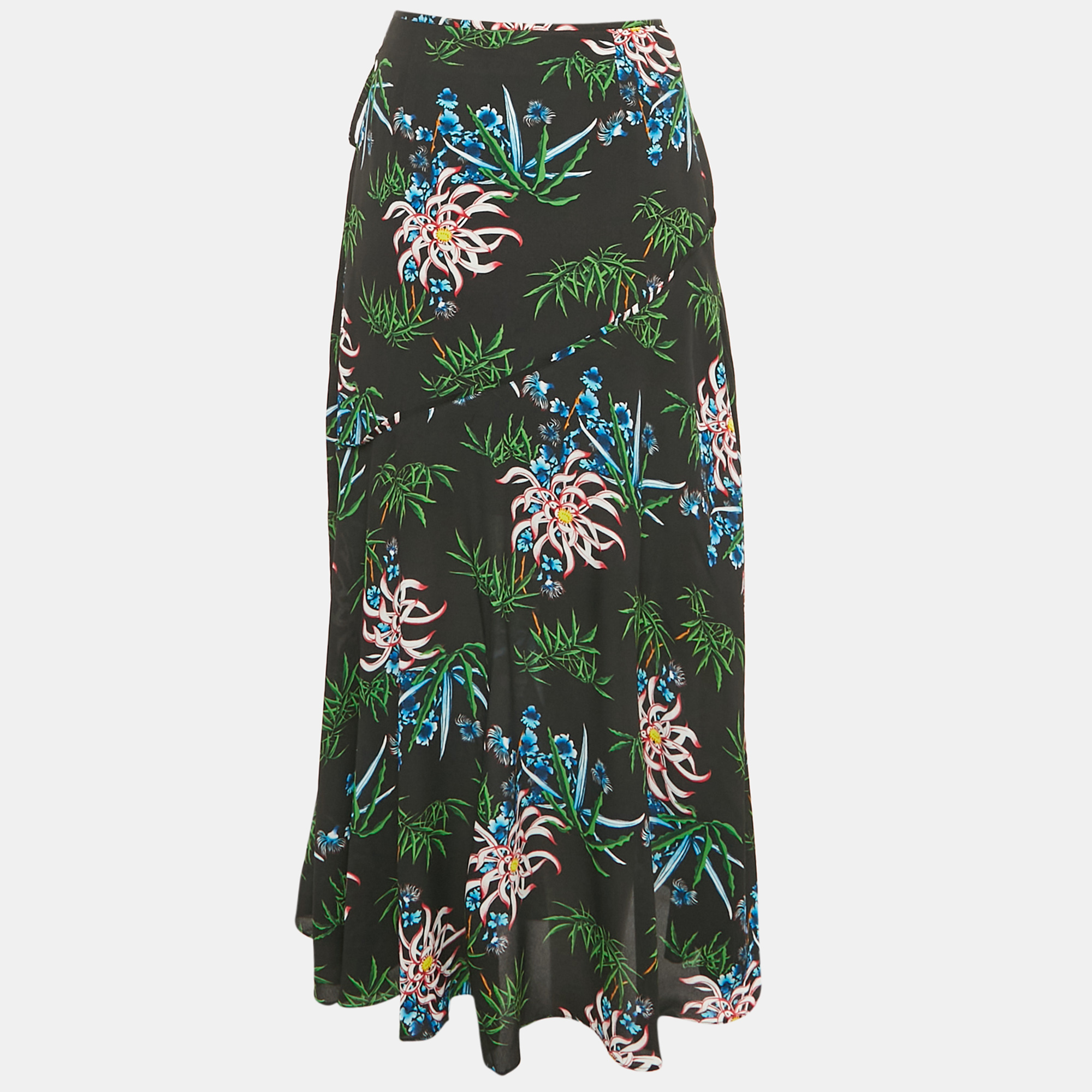 

Kenzo Black Botanical Print Crepe Wrap Midi Skirt S