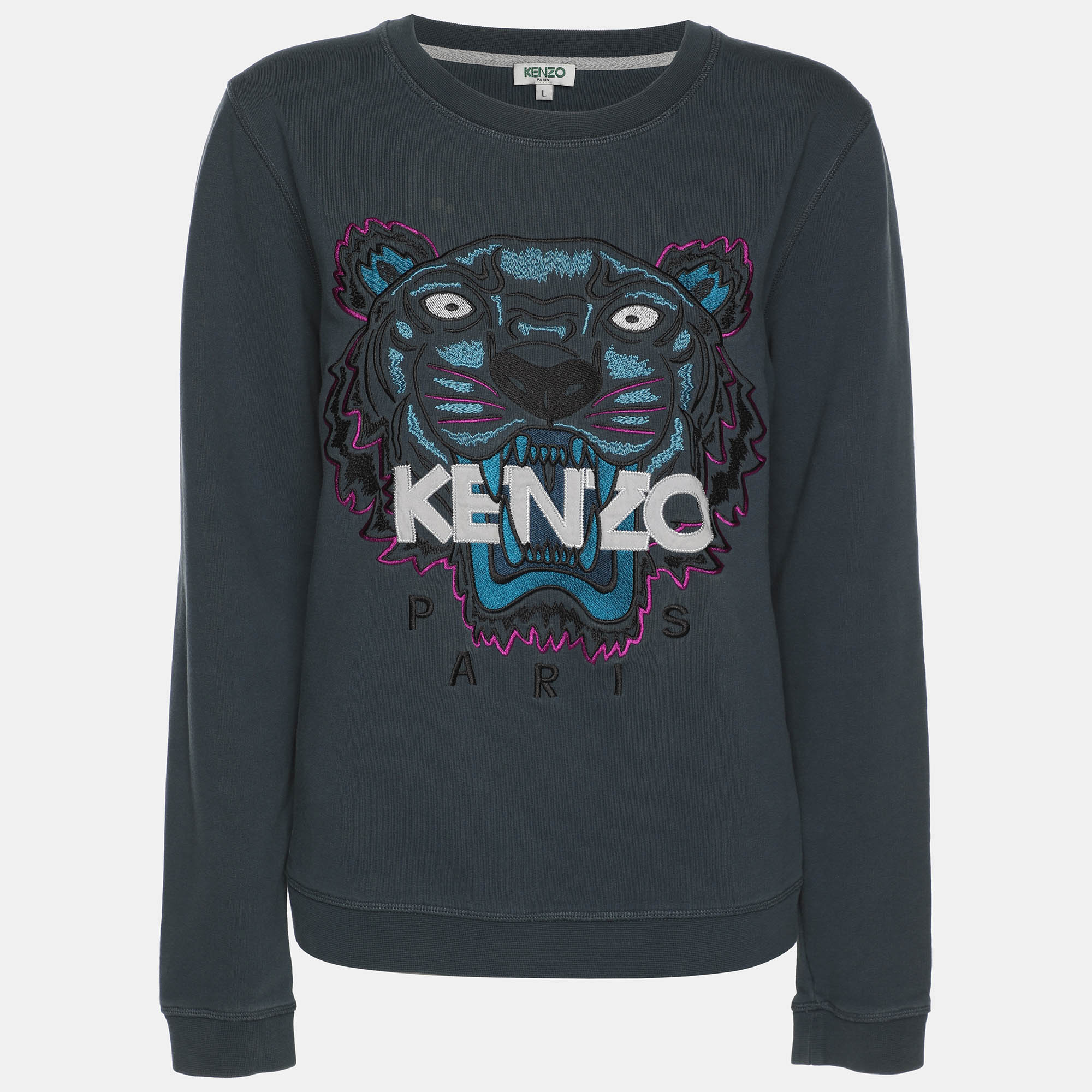 Pre-owned Kenzo Teal Blue Tiger & Logo Embroidered Knit Sweatshirt L
