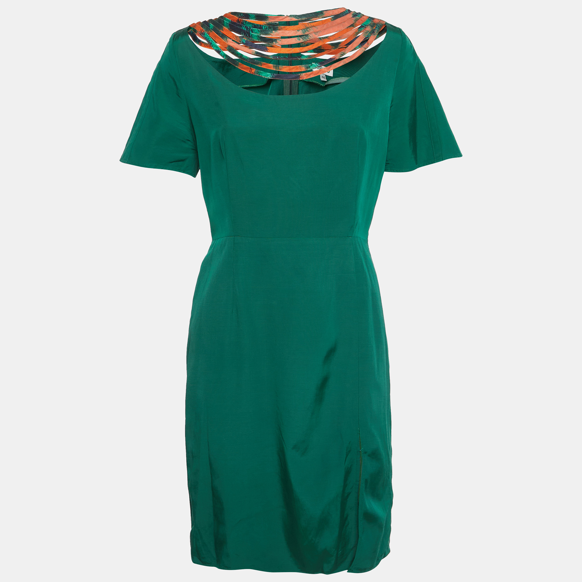 Pre-owned Kenzo Green Crepe Neck Detail Mini Dress L