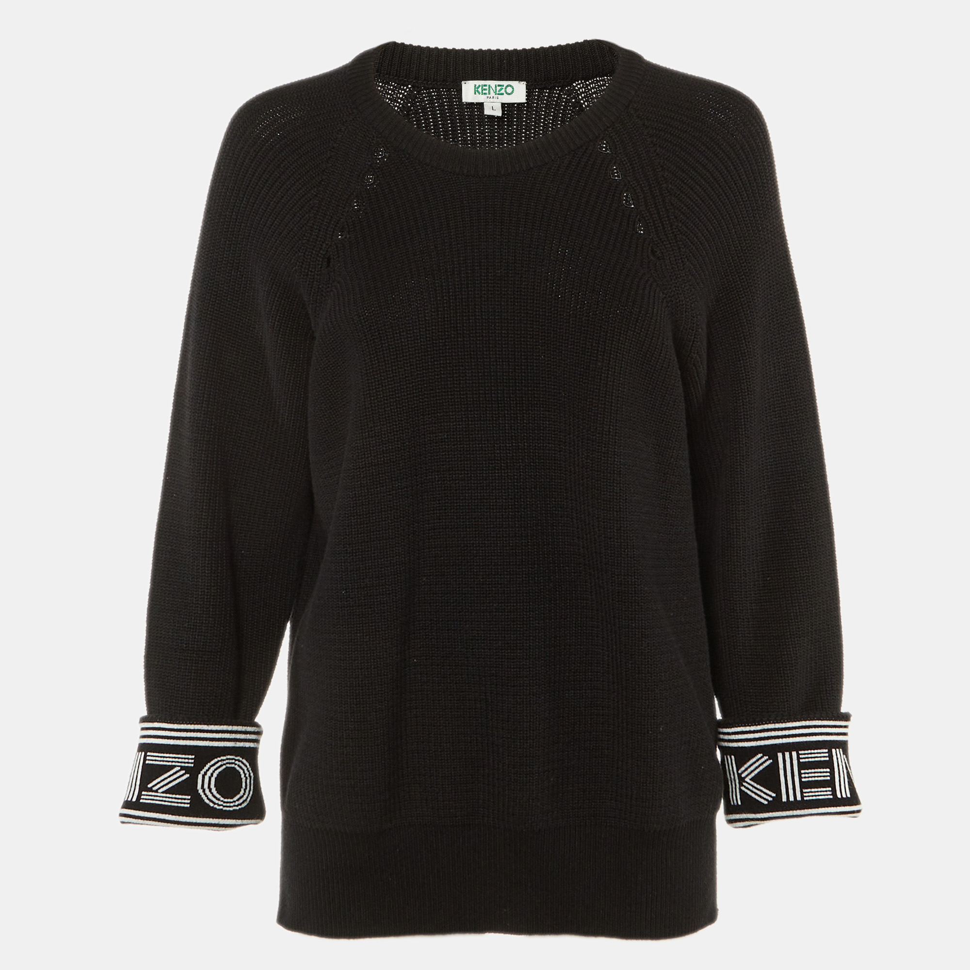 Pre-owned Kenzo Black Logo Intarsia Cotton & Wool Knit Crew Neck Sweater L