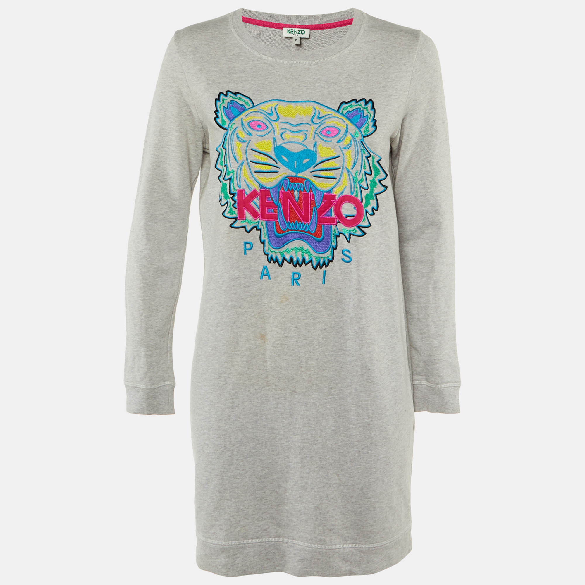 

Kenzo Grey Tiger Head Embroidered Cotton Sweatshirt Mini Dress S