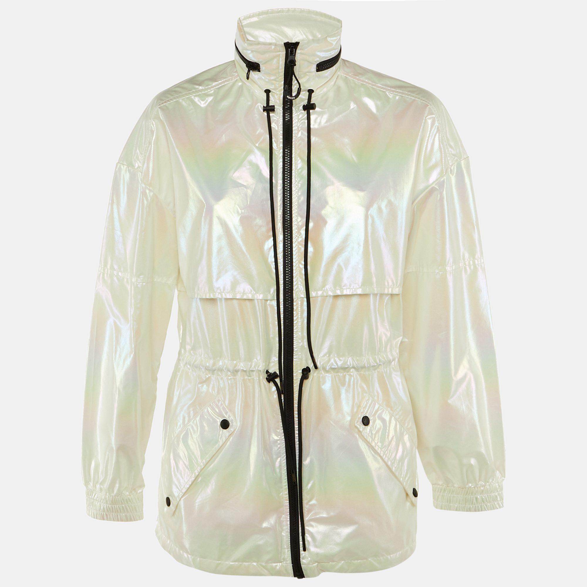 KENZO Pre-owned Iridescent Logo Print Synthetic Concealed Hood Windbreaker Jacket M In White