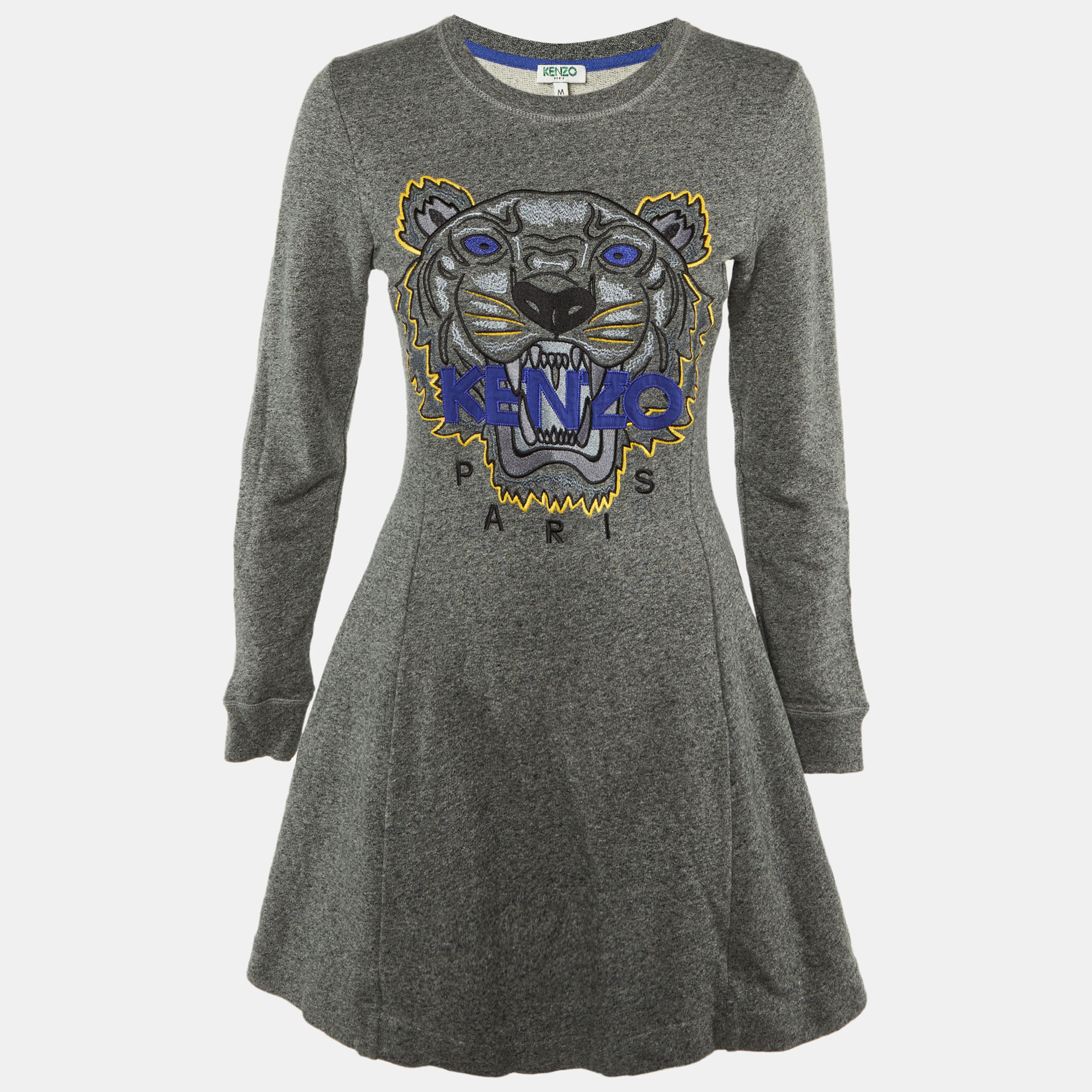 KENZO Pre-owned Grey Tiger Embroidered Cotton Sweater Dress M In Gray