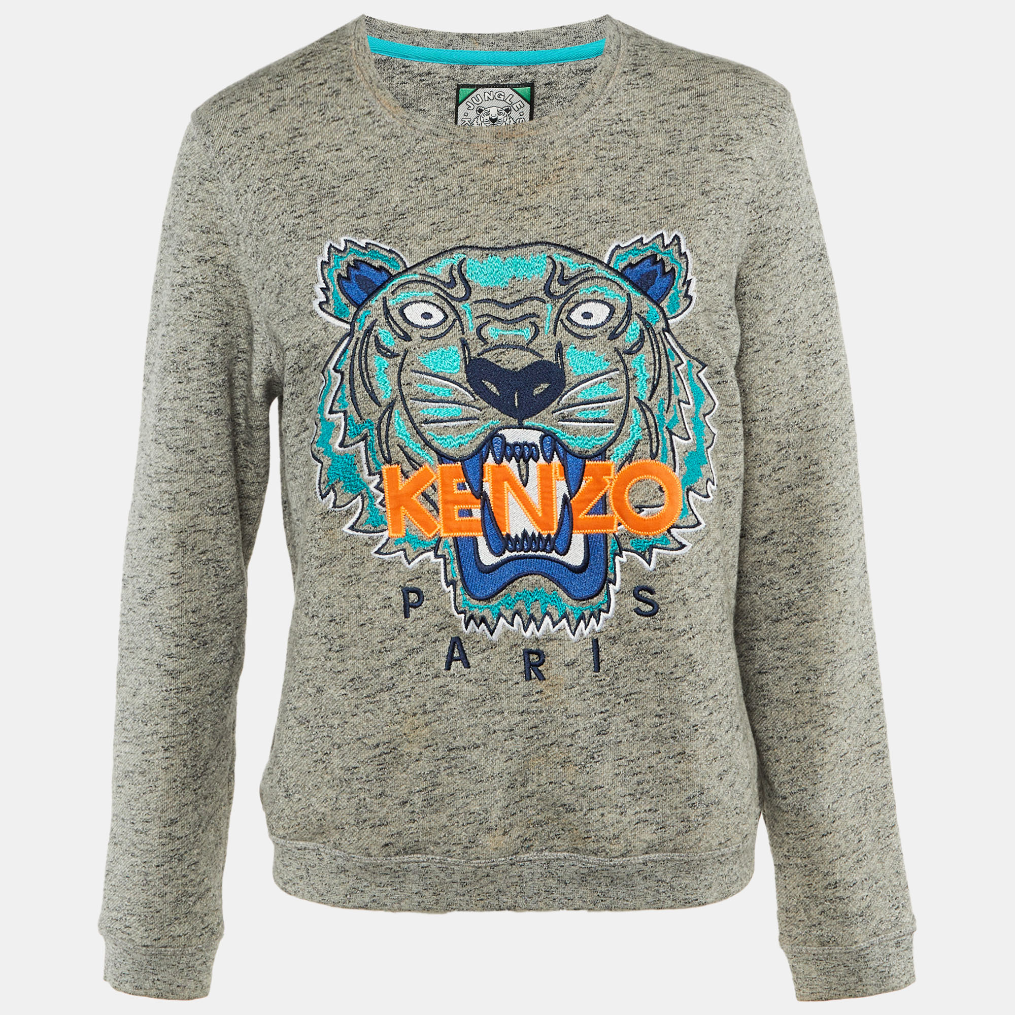 Pre-owned Kenzo Grey Tiger Head Embroidered Cotton Sweatshirt L In Gray