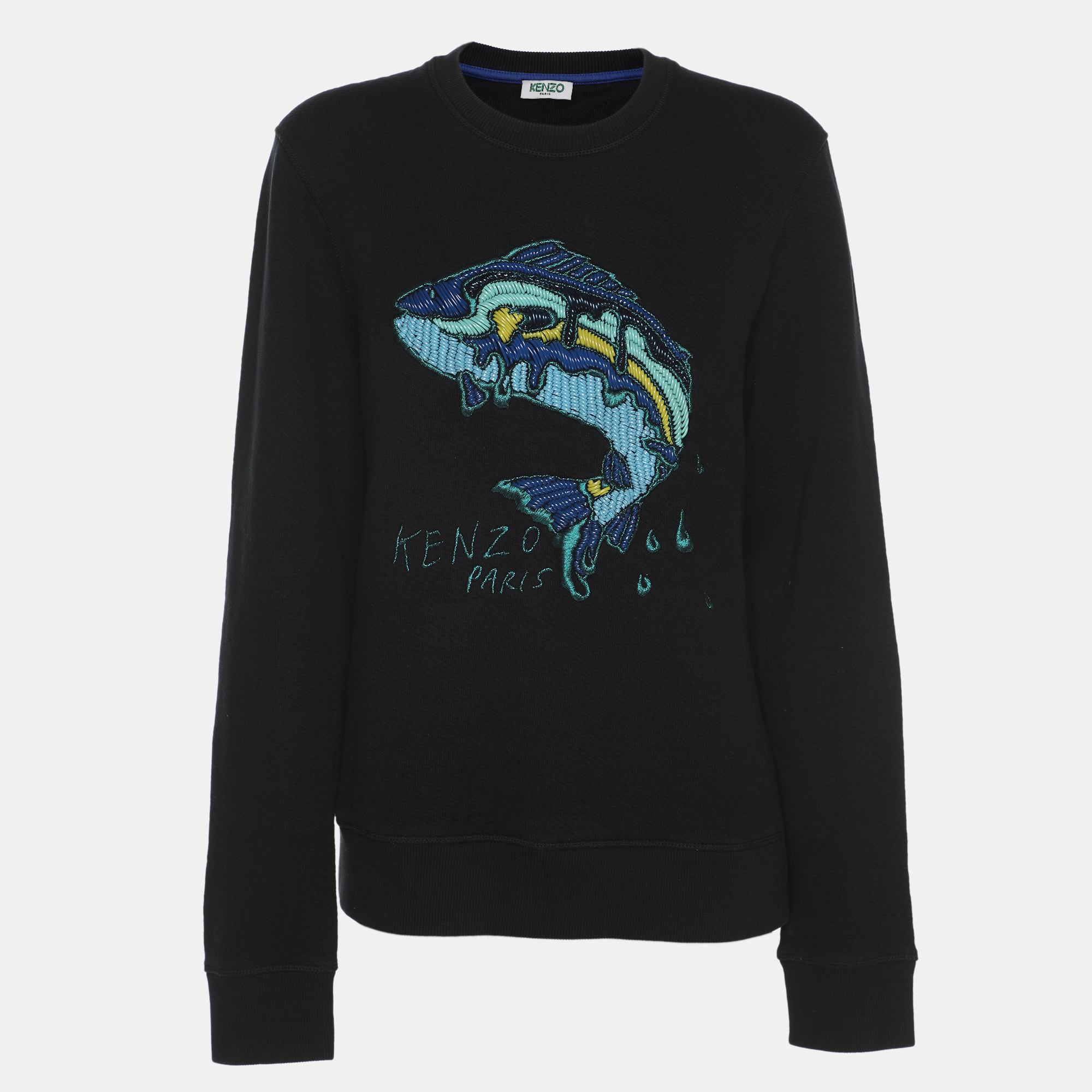 Click to view more detailed imagery on our partner's website Pre-owned Kenzo Dark Navy Fish Embroidered Jersey Sweater S In Blue