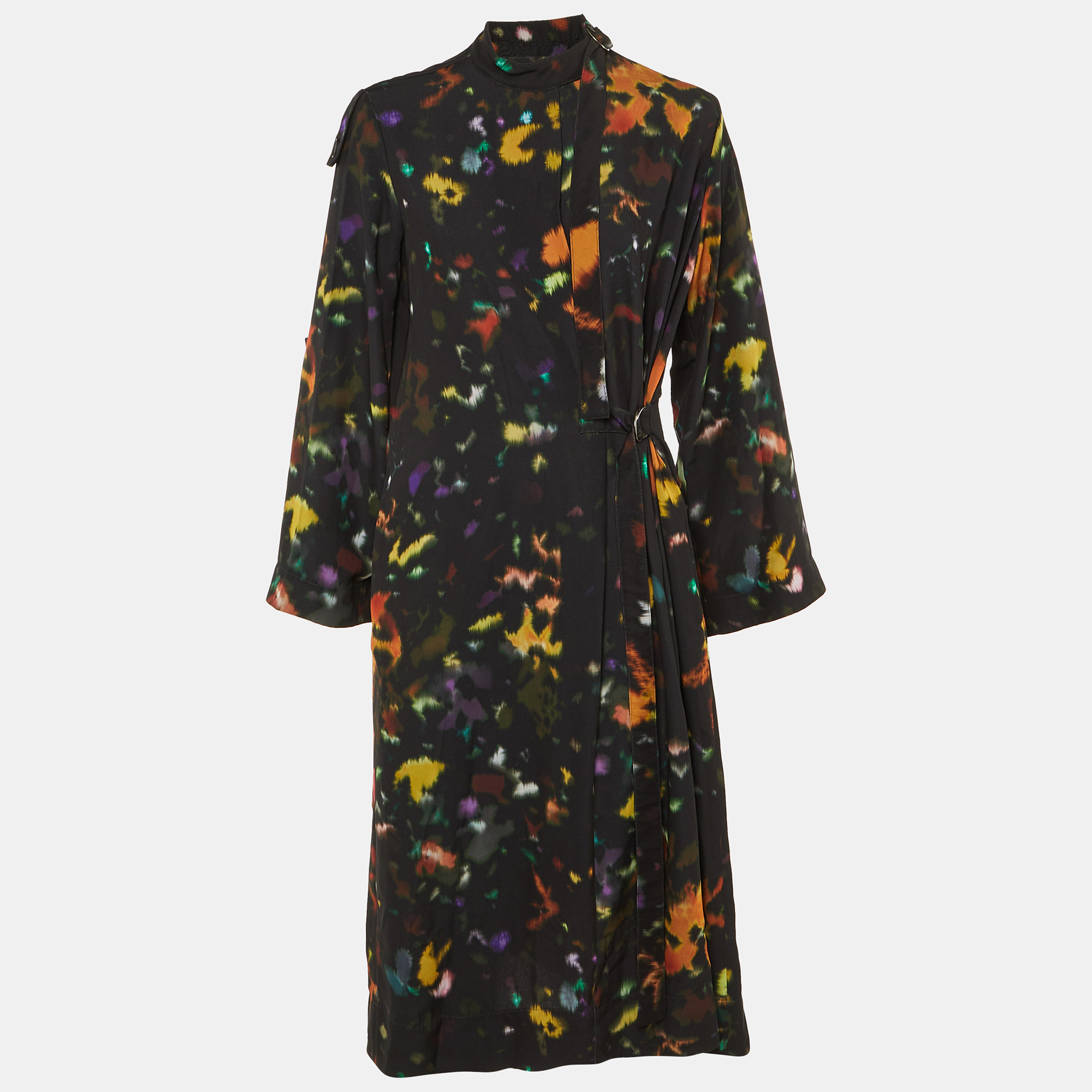 

Kenzo Black Printed Crepe Wrap Midi Dress M