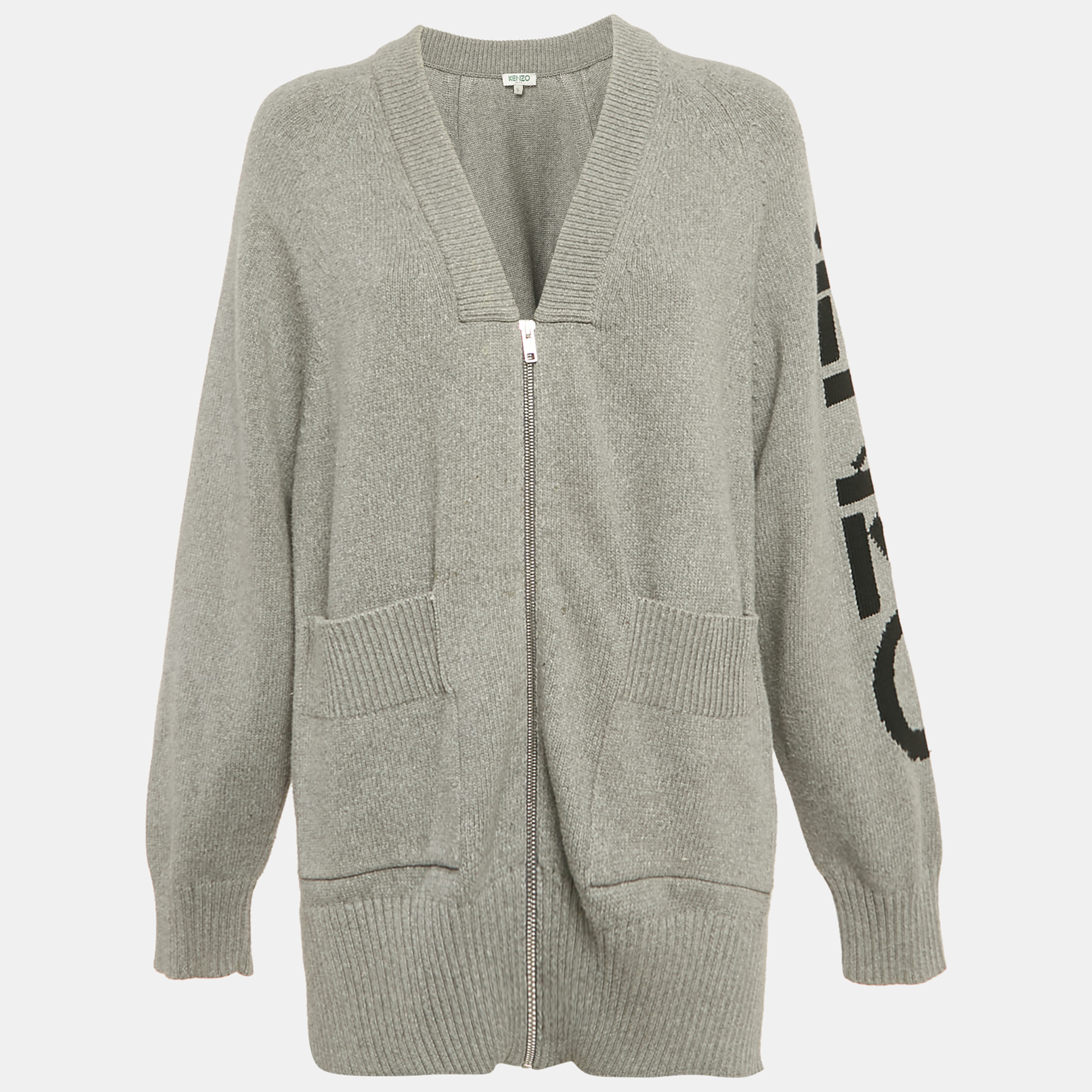 

Kenzo Grey Logo Intarsia Knit Pocketed Zip Front Jacket S