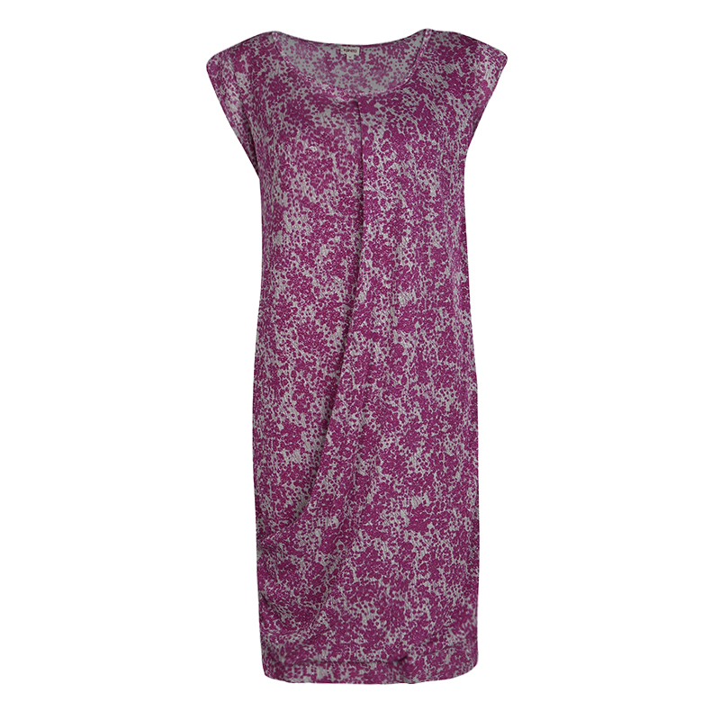 Pre Owned Kenzo Pink and Grey Floral Printed Lurex Knit Draped Front Dress M