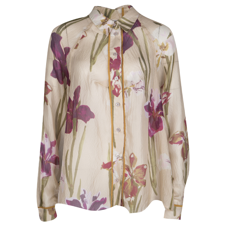 Pre Owned Kenzo Beige Floral Printed Sheer Silk Button Front Shirt L