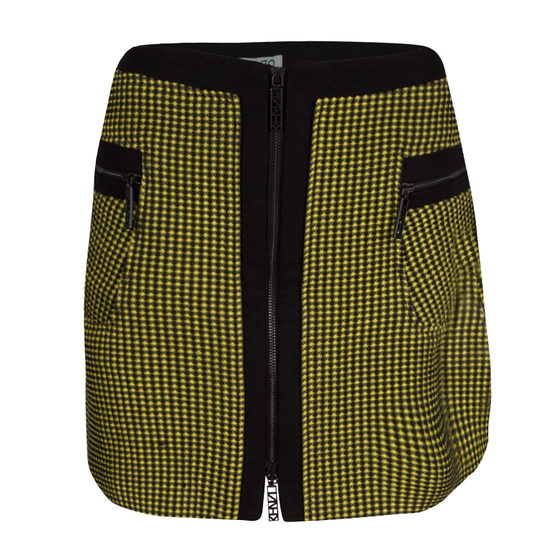 Pre Owned Kenzo Yellow and Black Textured Waffle Knit Zip Detail Mini Skirt M
