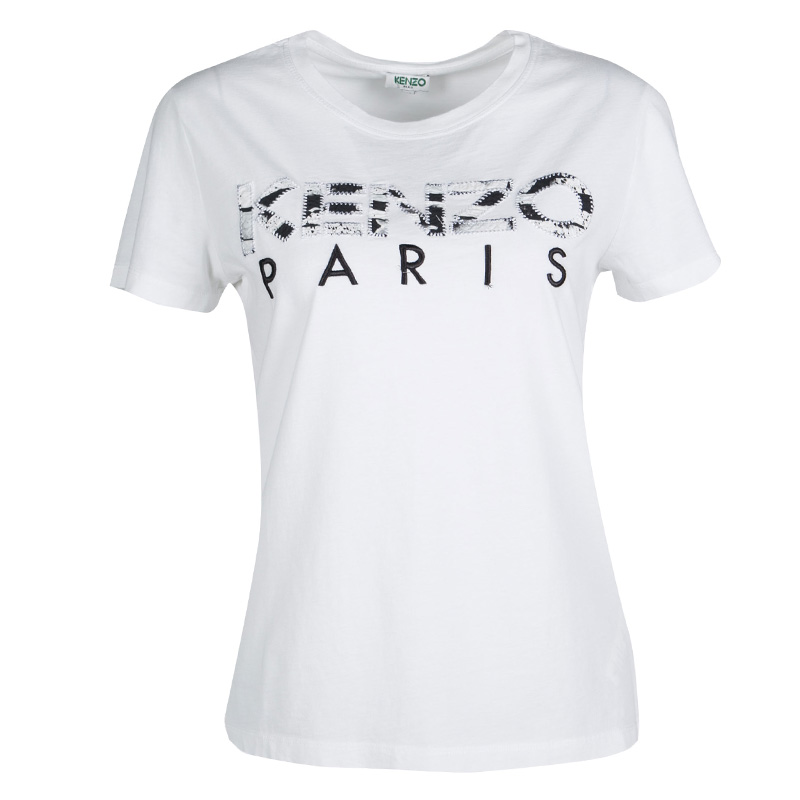Pre Owned Kenzo White Logo Applique Detail Short Sleeve T-Shirt M