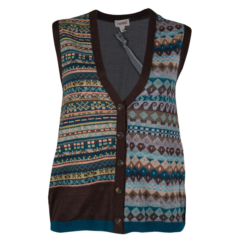 Kenzo Multicolor Aztec Patterned Knit Button Front Sweater Vest L