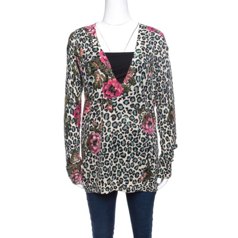 Pre Owned Kenzo Multicolor Floral and Animal Printed Knit Long Sleeve V Neck Sweater M