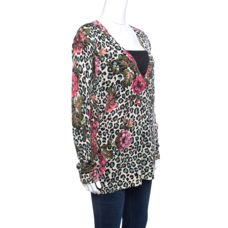 

Kenzo Multicolor Floral and Animal Printed Knit Long Sleeve V Neck Sweater