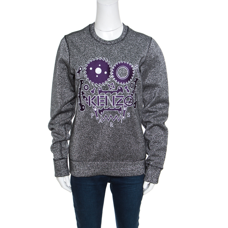 Pre Owned Kenzo Metallic Grey Embroidered Monster Motif Sweatshirt S